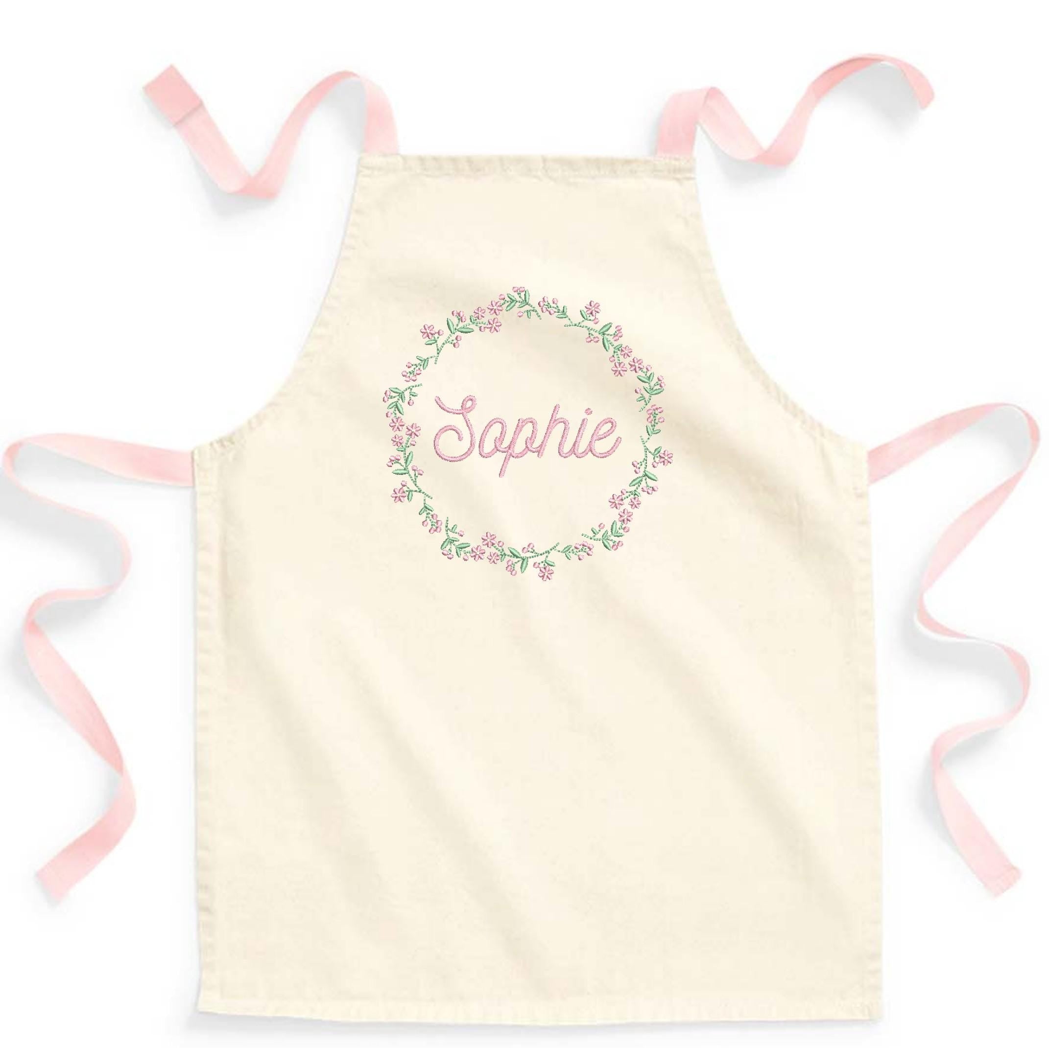 Embroidered Girls Personalised Name Pink Floral Wreath Craft Apron Fairtrade Cotton Kitchen Baking Gift