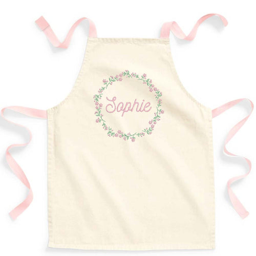 Embroidered Girls Personalised Name Pink Floral Wreath Craft Apron Fairtrade Cotton Kitchen Baking Gift
