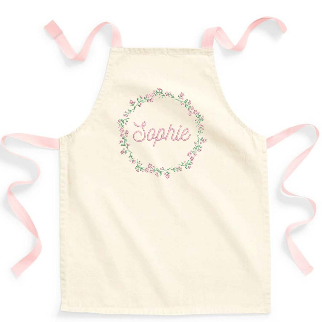 Embroidered Girls Personalised Name Pink Floral Wreath Craft Apron Fairtrade Cotton Kitchen Baking Gift