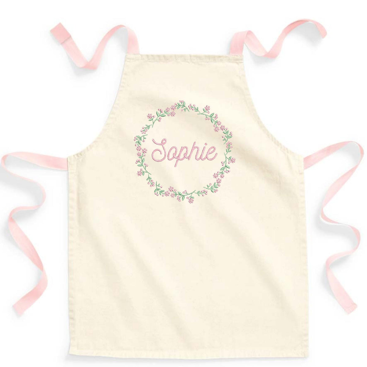 Embroidered Girls Personalised Name Pink Floral Wreath Craft Apron Fairtrade Cotton Kitchen Baking Gift