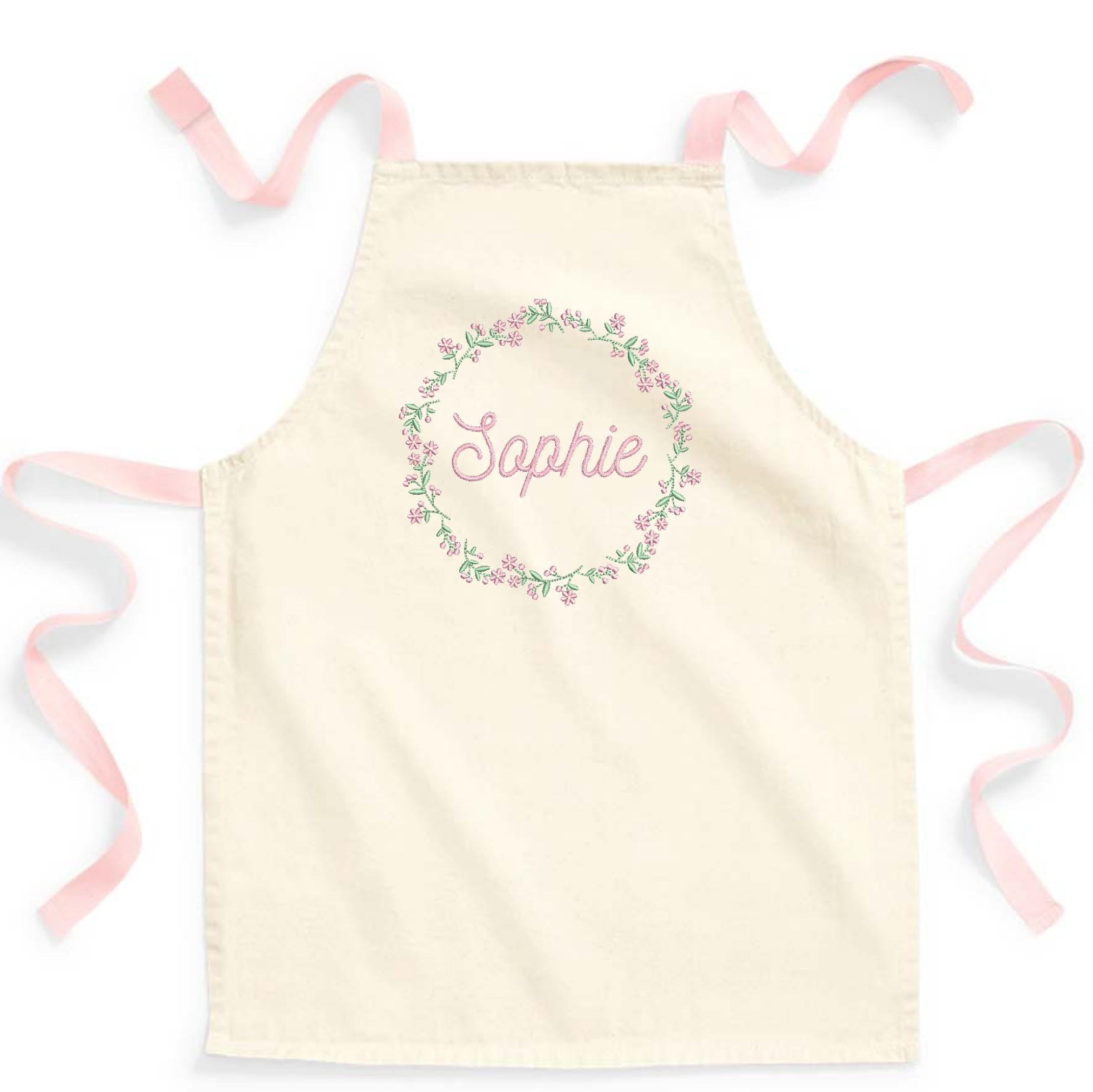 Embroidered Girls Personalised Name Pink Floral Wreath Craft Apron Fairtrade Cotton Kitchen Baking Gift