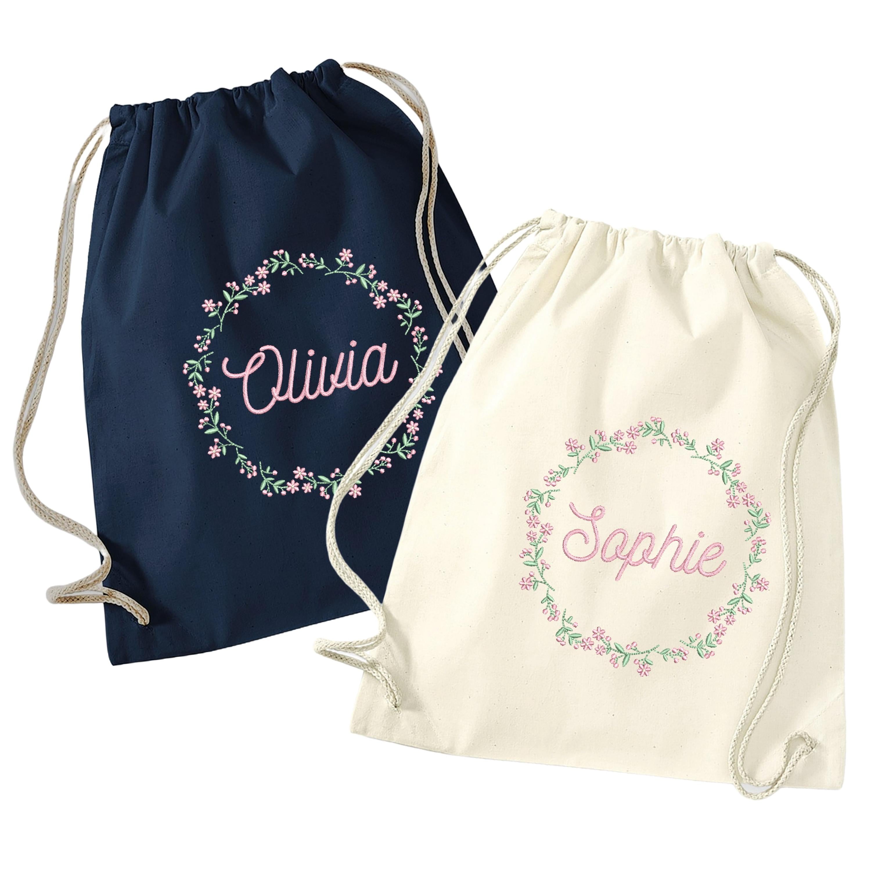 Embroidered Girls Personalised Name Pink Floral Wreath Cotton Gymsac Custom Text School PE Bag Nursery Bag