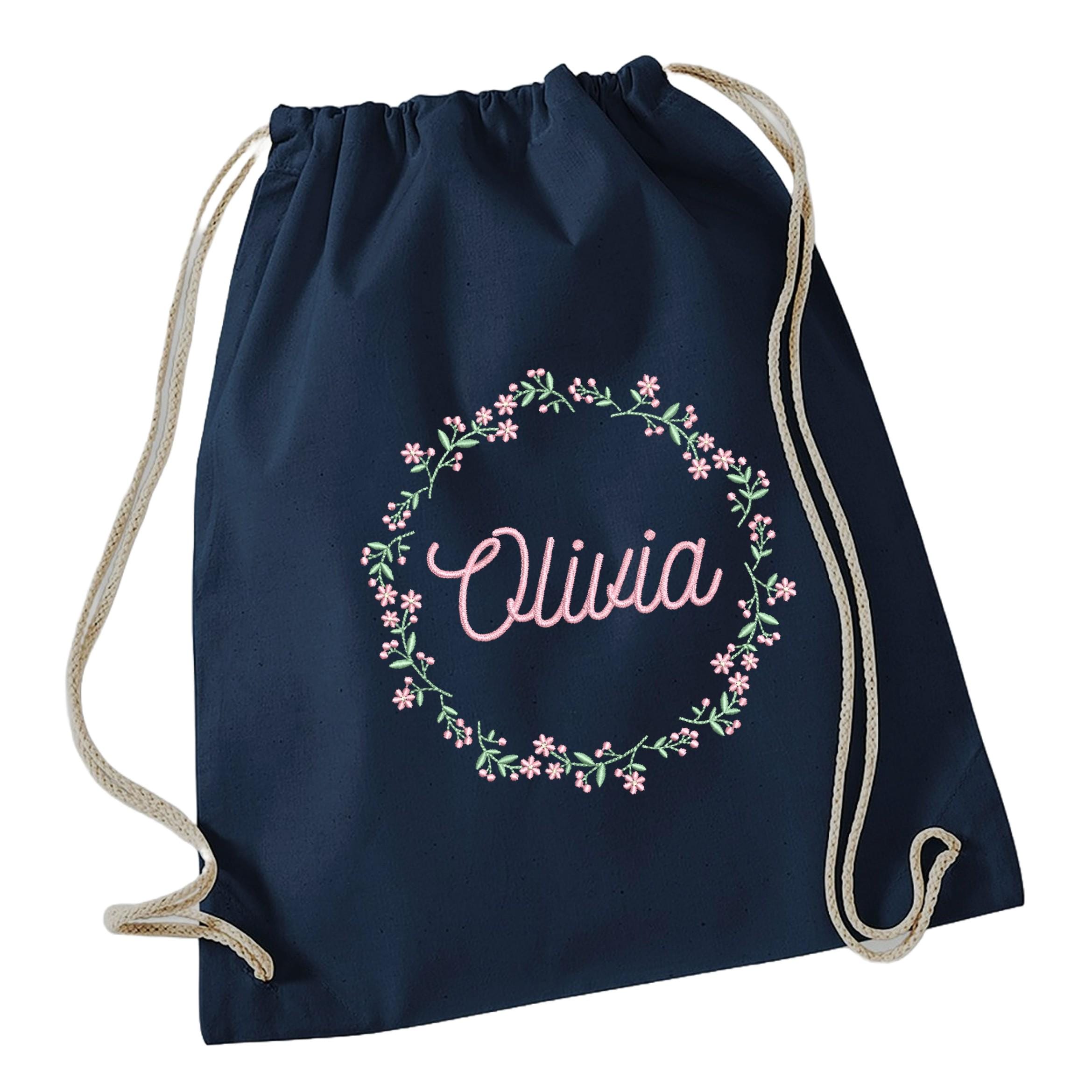 Embroidered Girls Personalised Name Pink Floral Wreath Cotton Gymsac Custom Text School PE Bag Nursery Bag