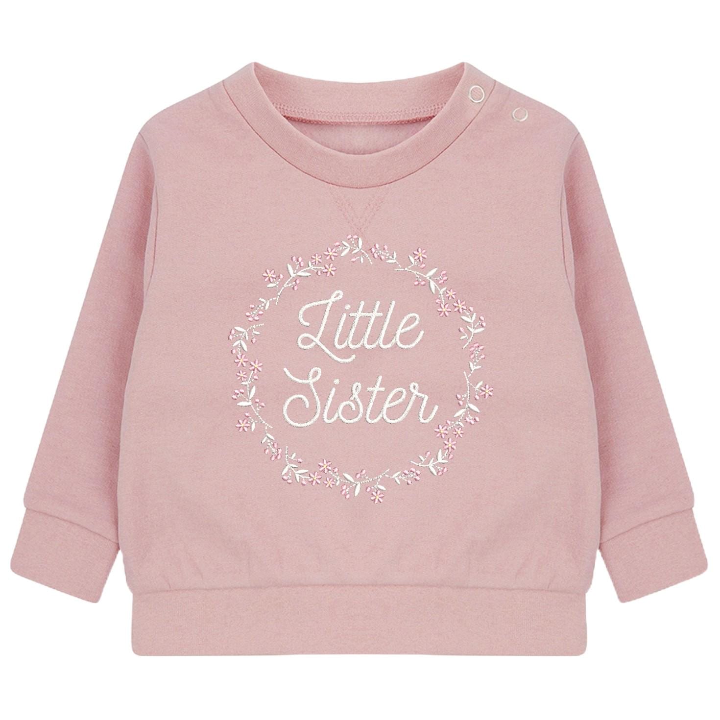 Embroidered Big & Little Sister Floral Wreath Girls Sustainable Sweatshirts Baby and Toddler Pink Matching New Siblings