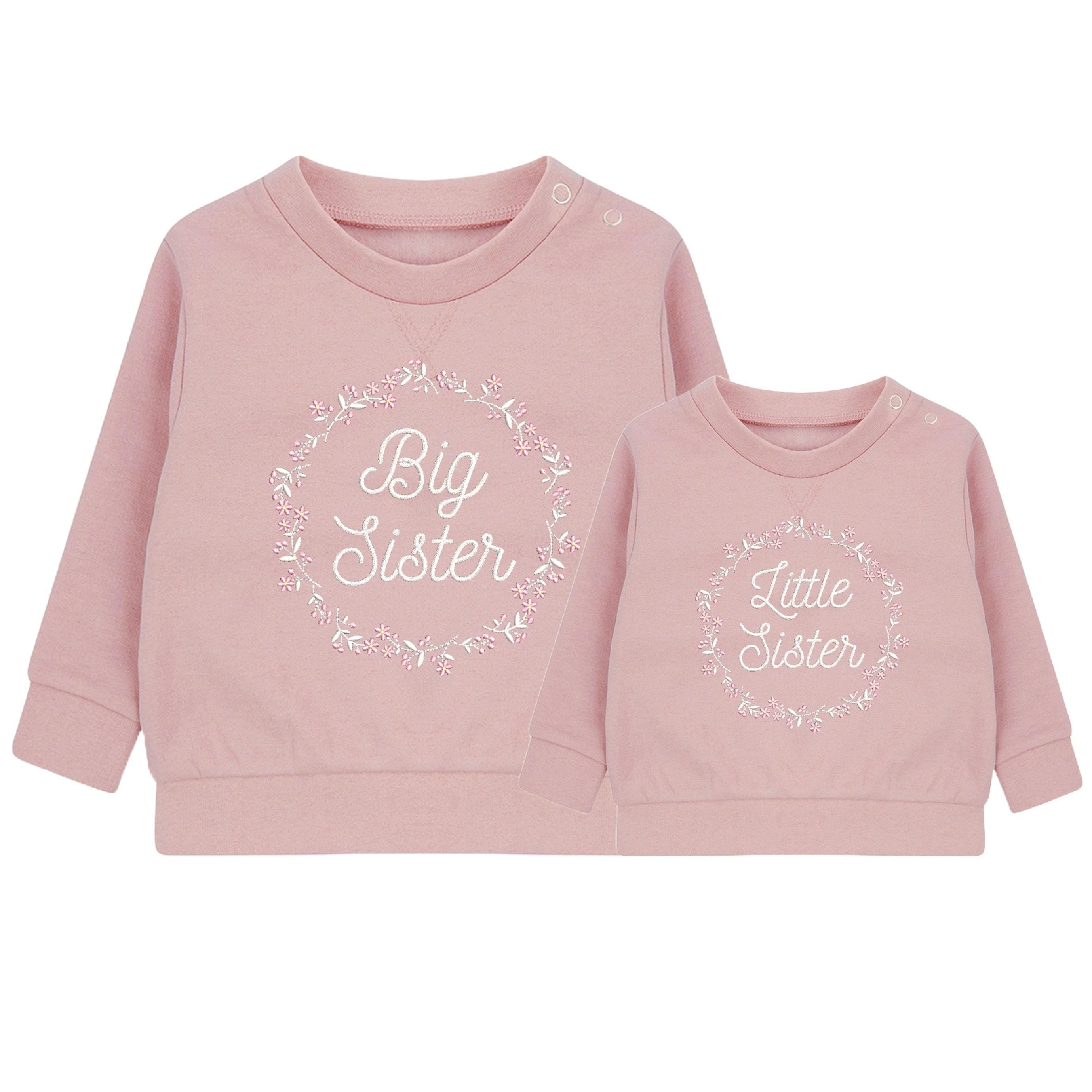 Embroidered Big & Little Sister Floral Wreath Girls Sustainable Sweatshirts Baby and Toddler Pink Matching New Siblings