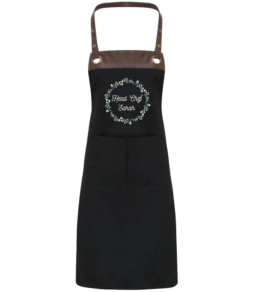 Embroidered Personalised Name Floral Wreath Apron Custom Text Kitchen Baking Gift