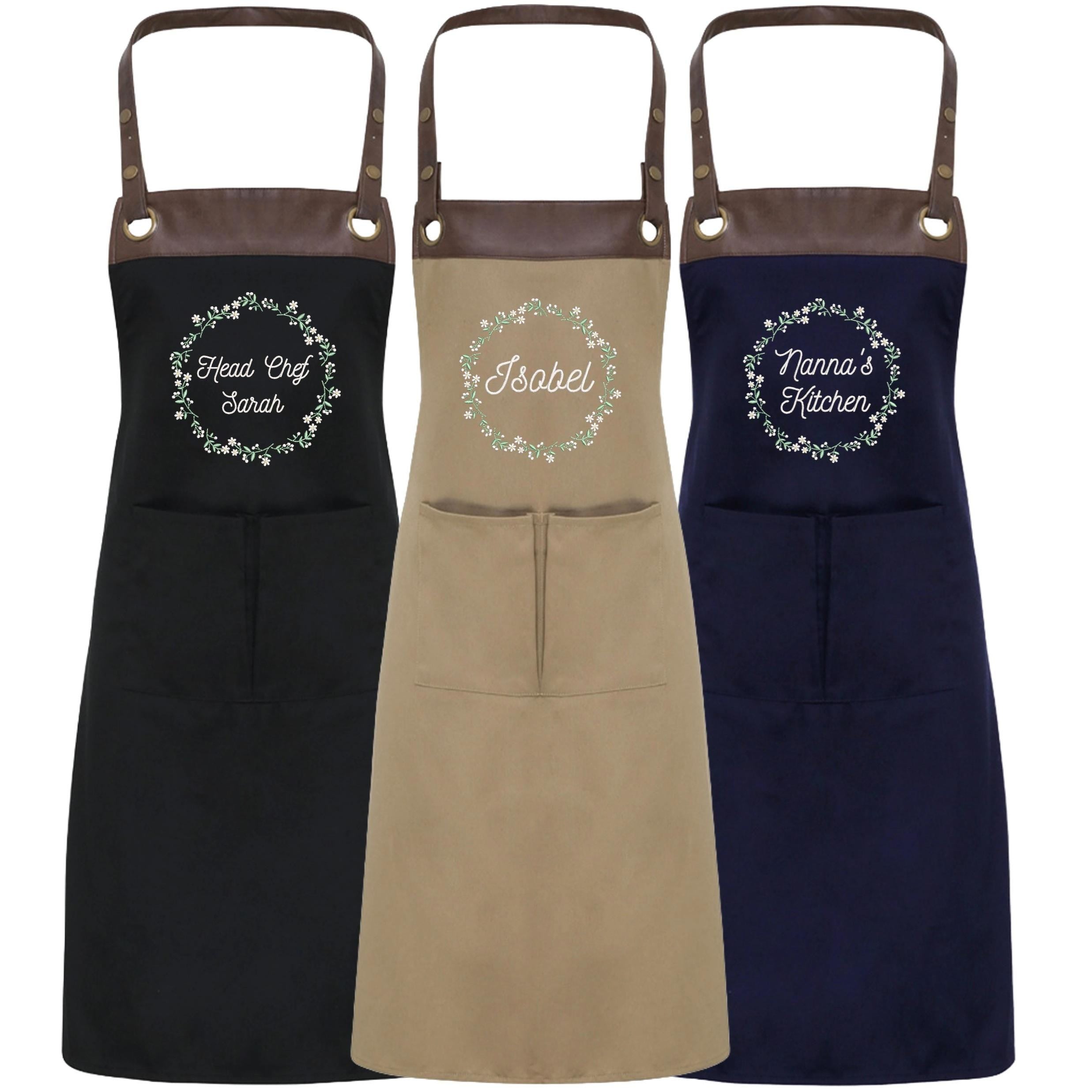 Embroidered Personalised Name Floral Wreath Apron Custom Text Kitchen Baking Gift