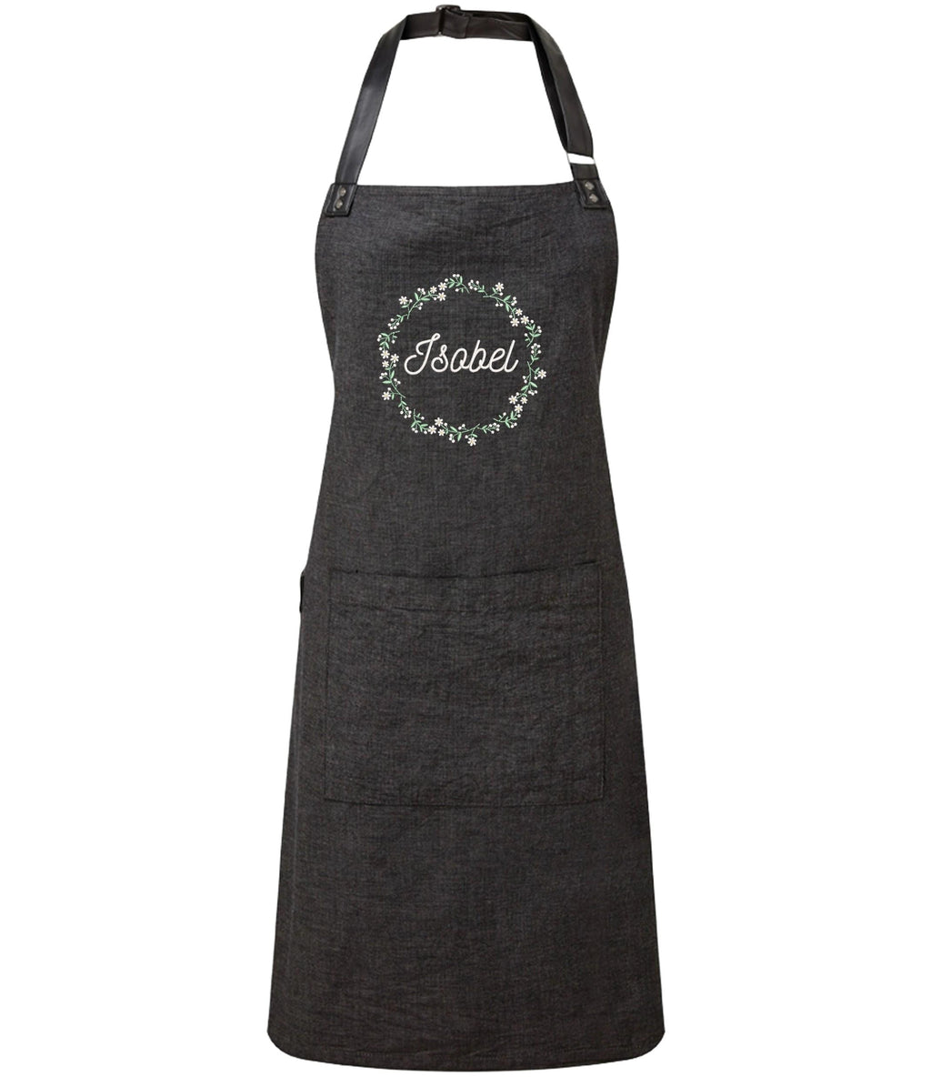 Embroidered Personalised Name Floral Wreath Apron Custom Text Kitchen Baking Gift