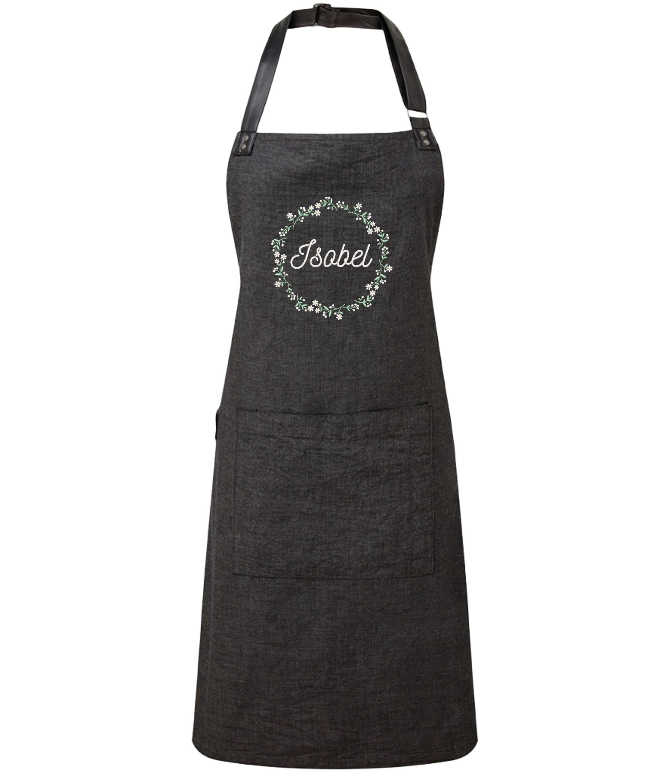 Embroidered Personalised Name Floral Wreath Apron Custom Text Kitchen Baking Gift