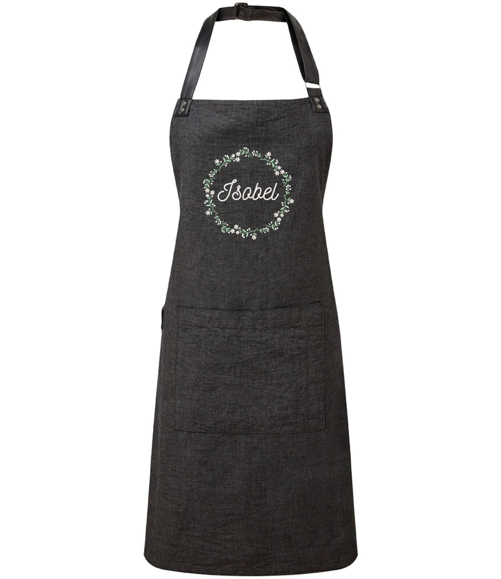 Embroidered Personalised Name Floral Wreath Apron Custom Text Kitchen Baking Gift