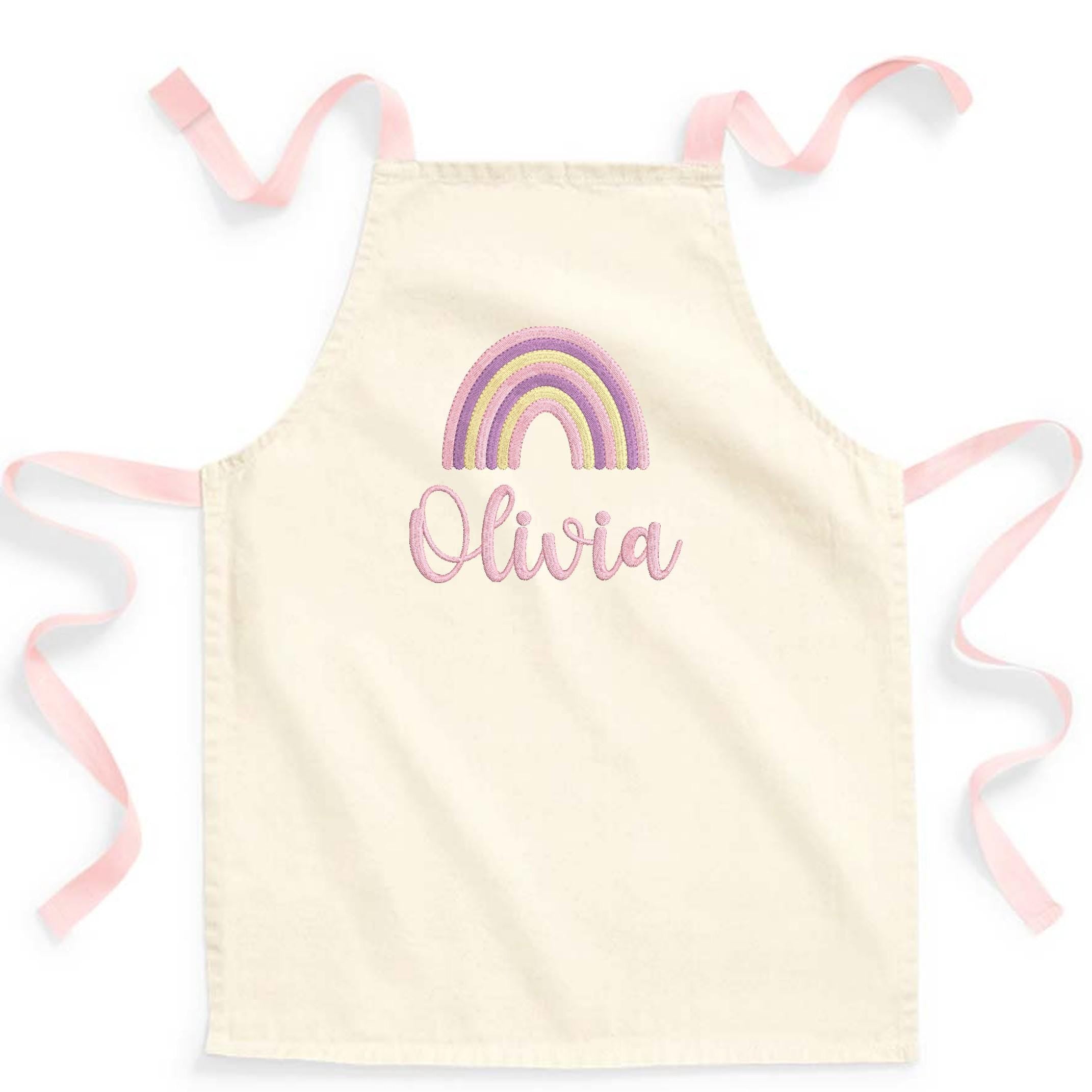 Embroidered Girls Personalised Name Pink Rainbow Craft Apron Fairtrade Cotton Kitchen Baking Gift