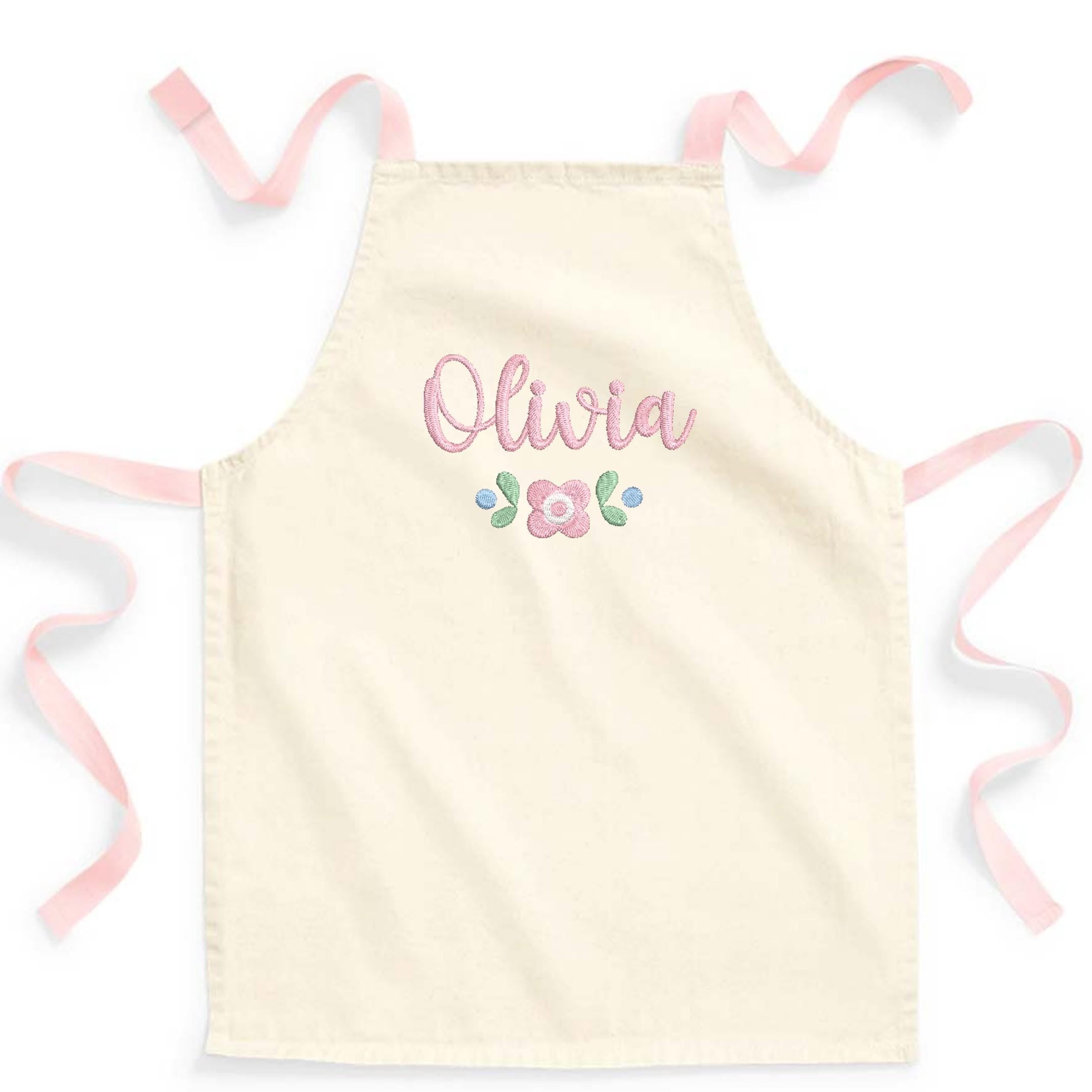 Embroidered Girls Personalised Name Pink Floral Craft Apron Fairtrade Cotton Kitchen Baking Gift