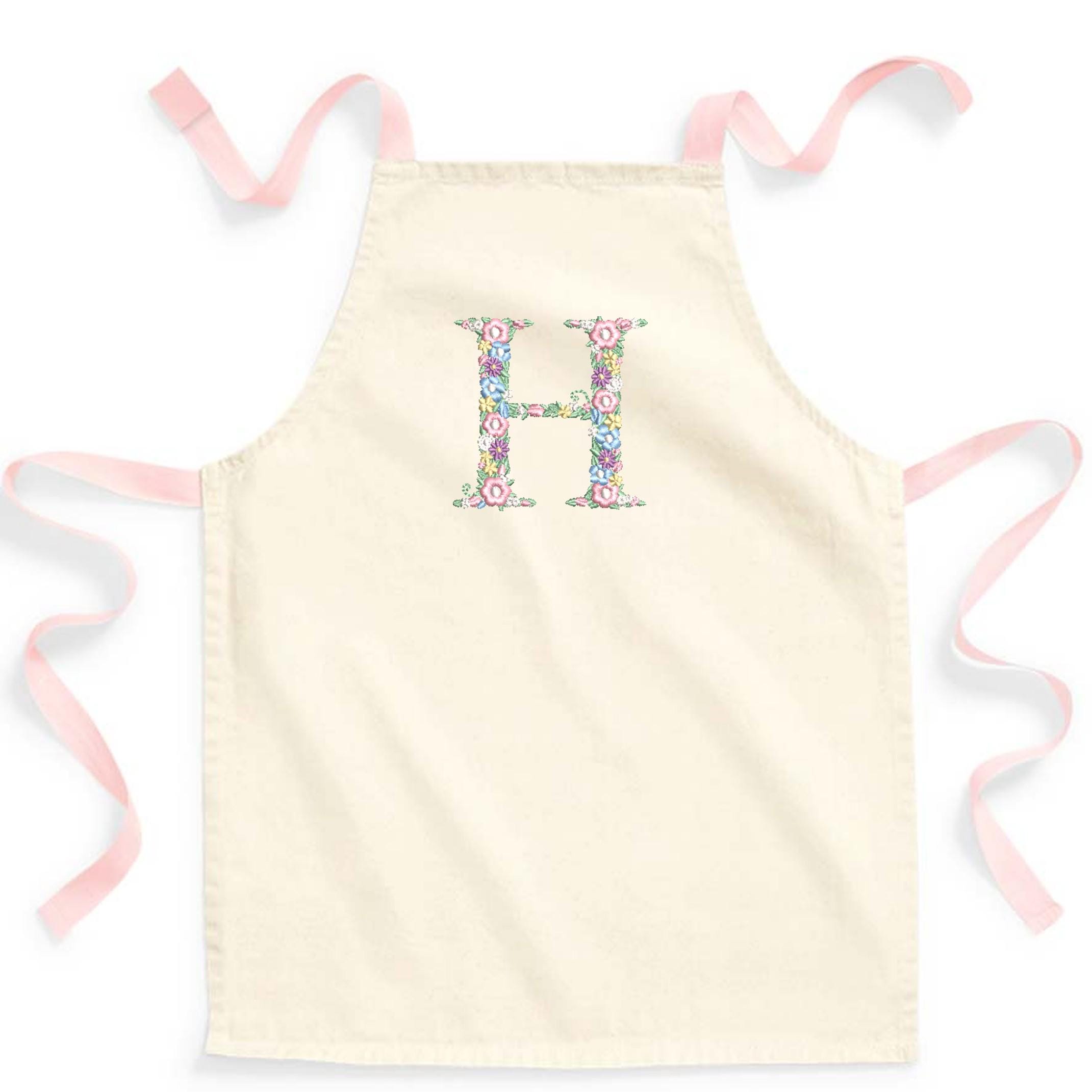 Embroidered Girls Personalised Pink Floral Initial Craft Apron Fairtrade Cotton Kitchen Baking Gift