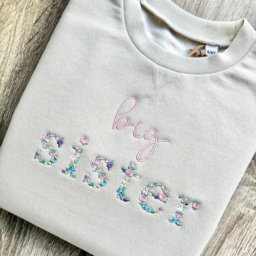 Embroidered Floral Big & Little Sister Girls Sustainable Sweatshirts Baby and Toddler Pink Matching New Siblings