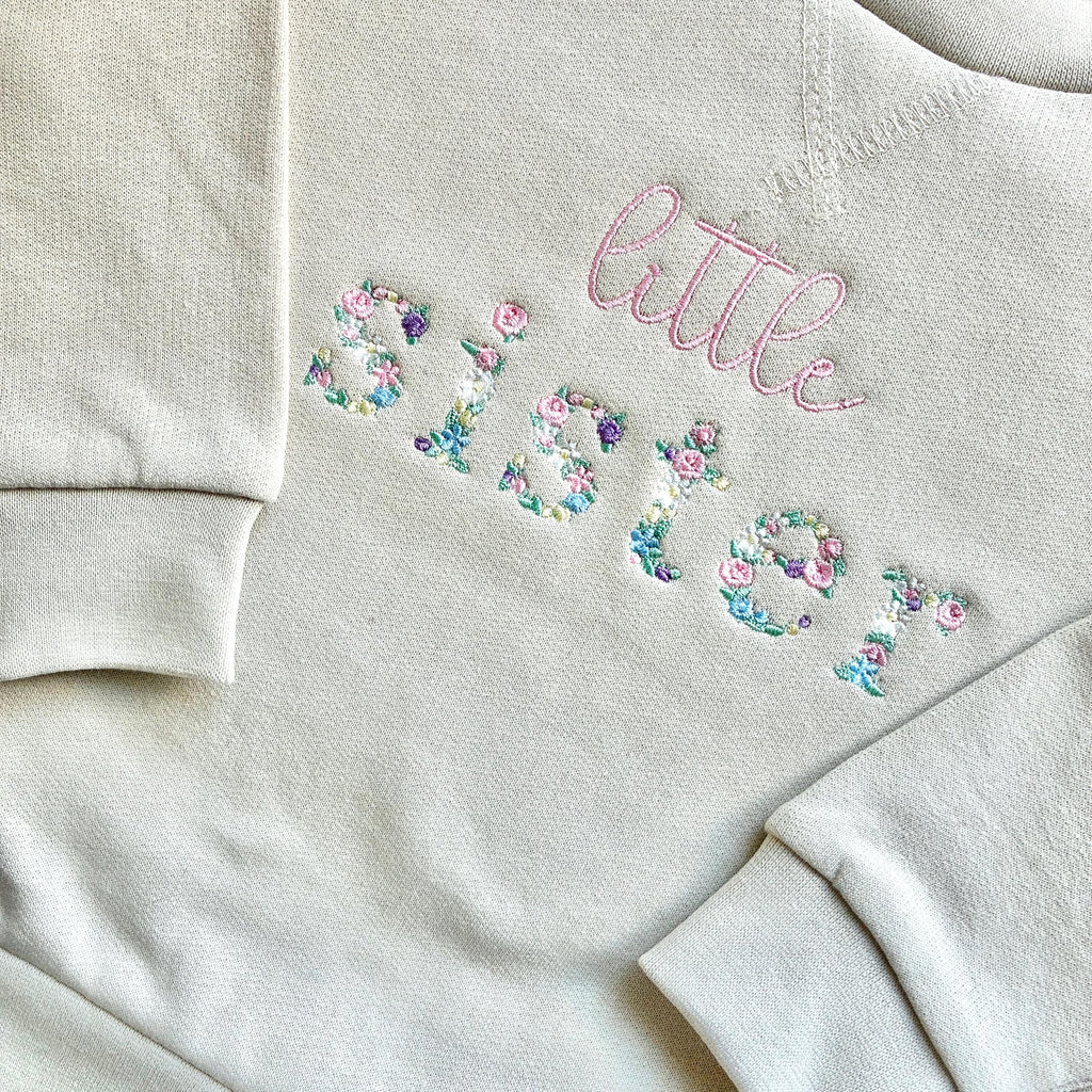 Embroidered Floral Big & Little Sister Girls Sustainable Sweatshirts Baby and Toddler Pink Matching New Siblings