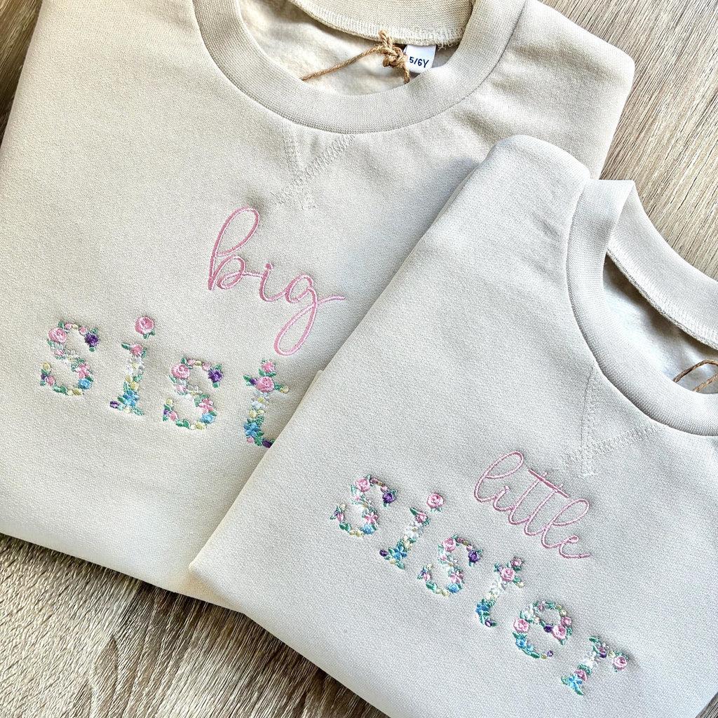 Embroidered Floral Big & Little Sister Girls Sustainable Sweatshirts Baby and Toddler Pink Matching New Siblings