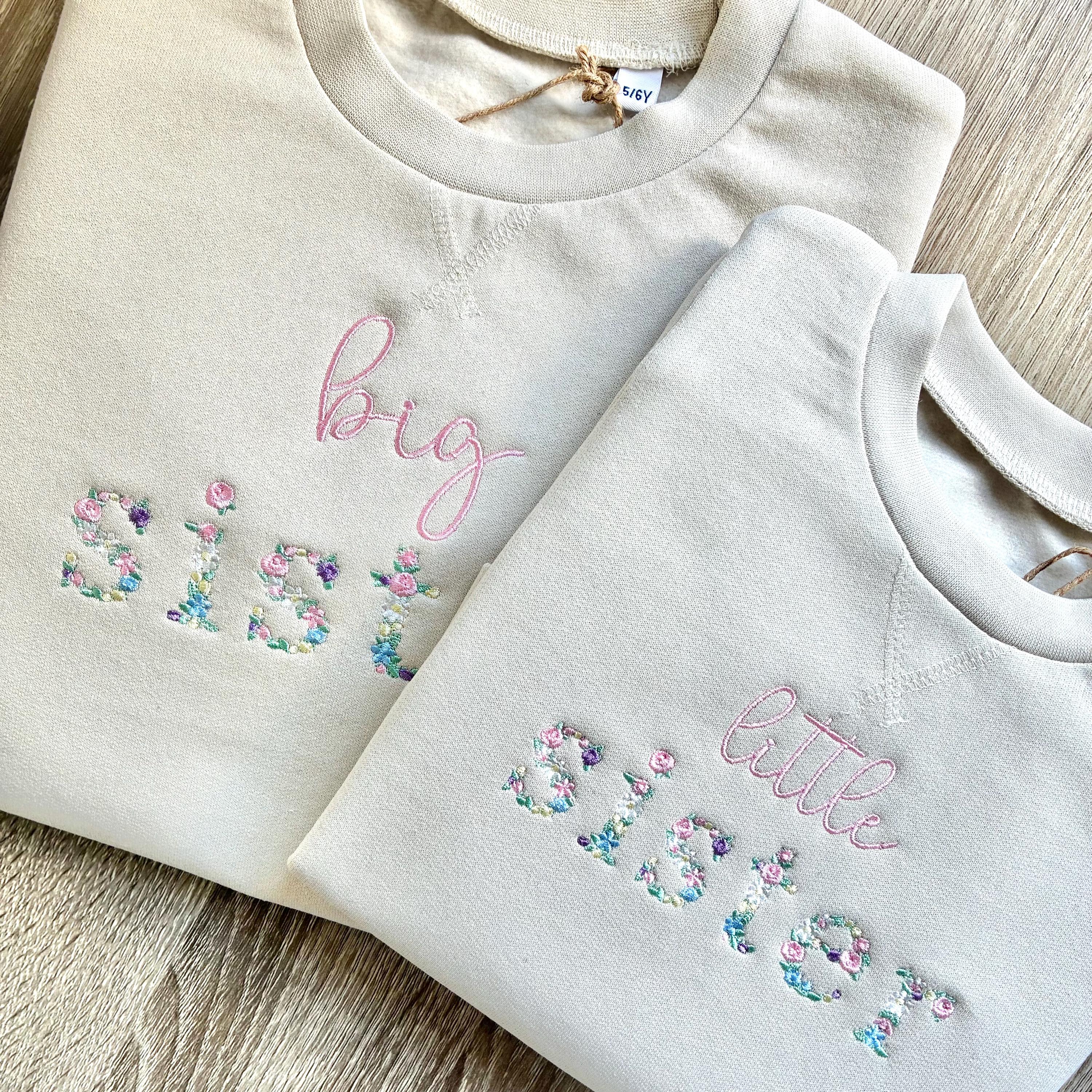 Embroidered Floral Big & Little Sister Girls Sustainable Sweatshirts Baby and Toddler Pink Matching New Siblings
