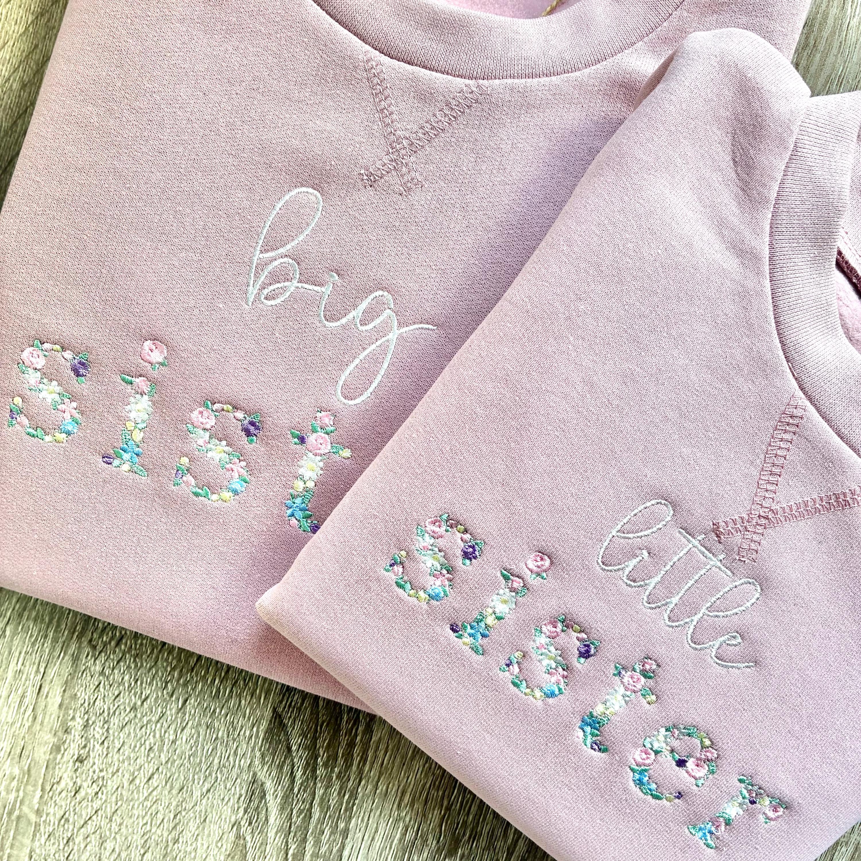 Embroidered Floral Big & Little Sister Girls Sustainable Sweatshirts Baby and Toddler Pink Matching New Siblings