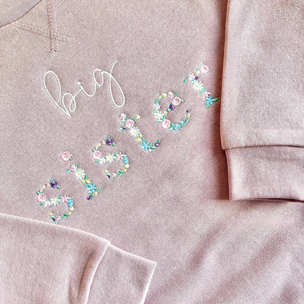 Embroidered Floral Big & Little Sister Girls Sustainable Sweatshirts Baby and Toddler Pink Matching New Siblings