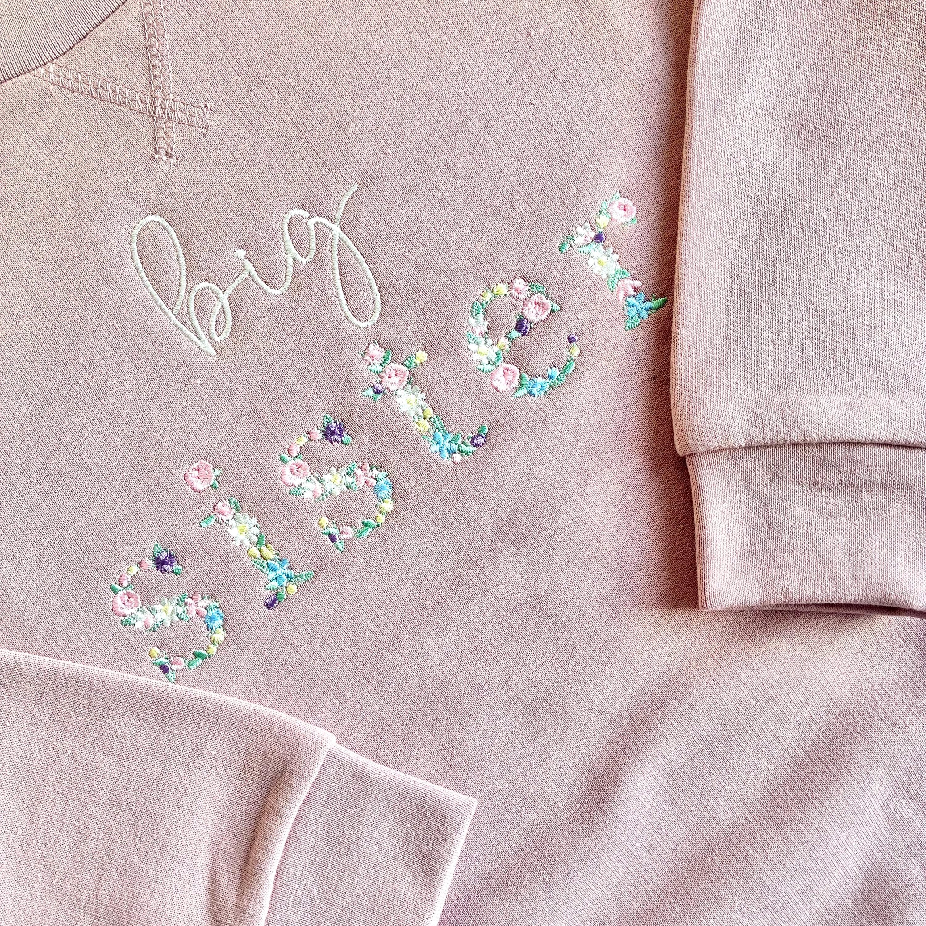 Embroidered Floral Big & Little Sister Girls Sustainable Sweatshirts Baby and Toddler Pink Matching New Siblings