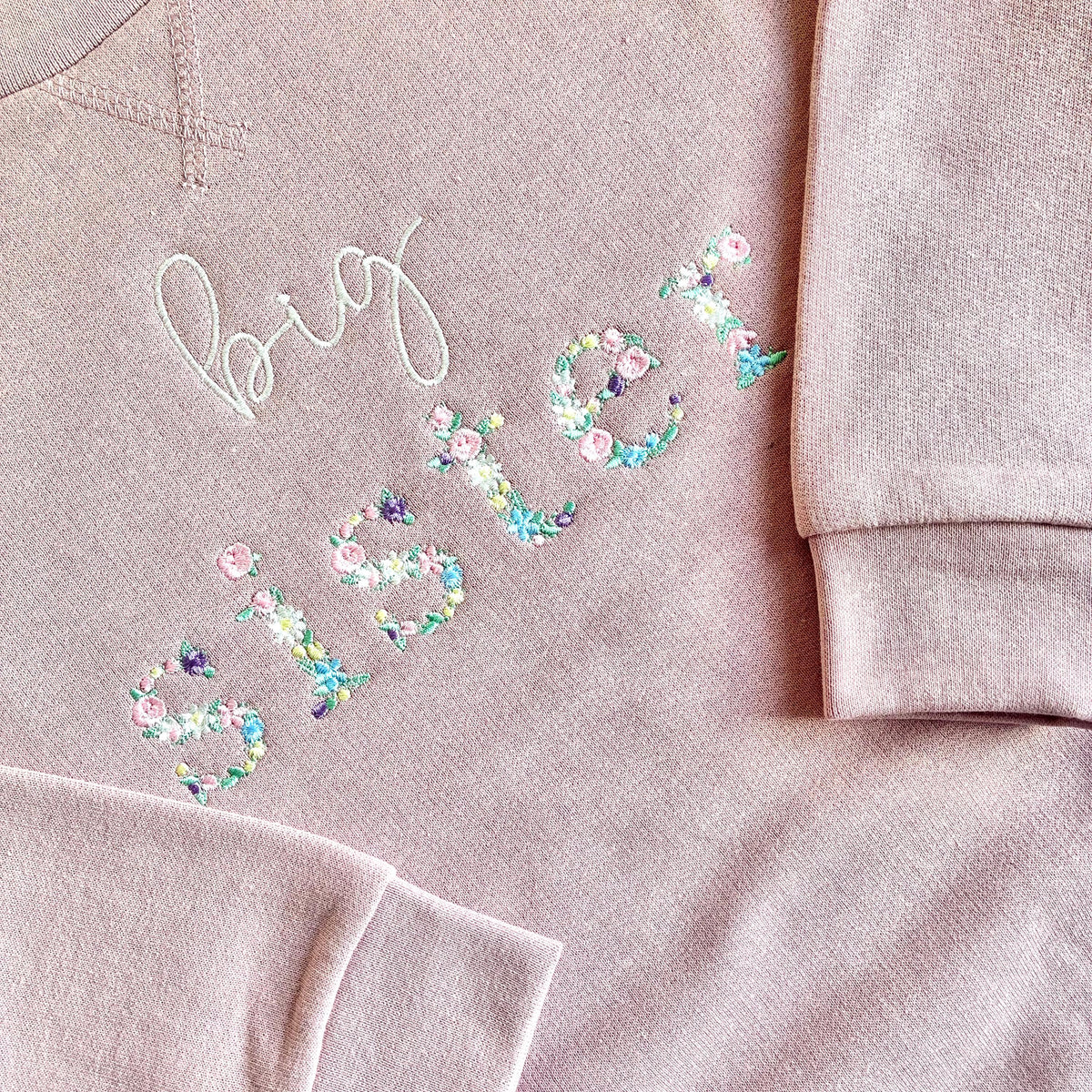 Embroidered Floral Big & Little Sister Girls Sustainable Sweatshirts Baby and Toddler Pink Matching New Siblings
