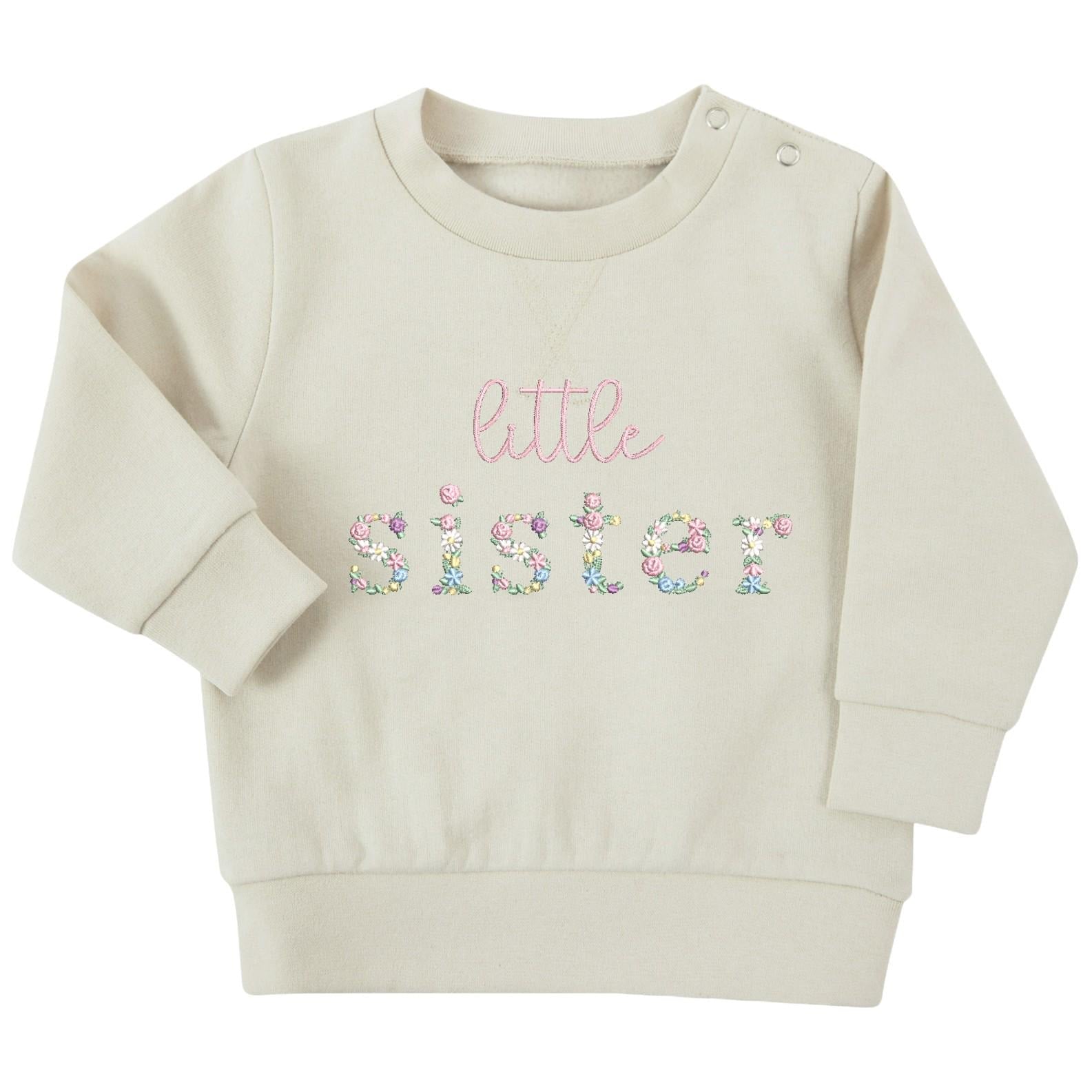 Embroidered Floral Big & Little Sister Girls Sustainable Sweatshirts Baby and Toddler Pink Matching New Siblings