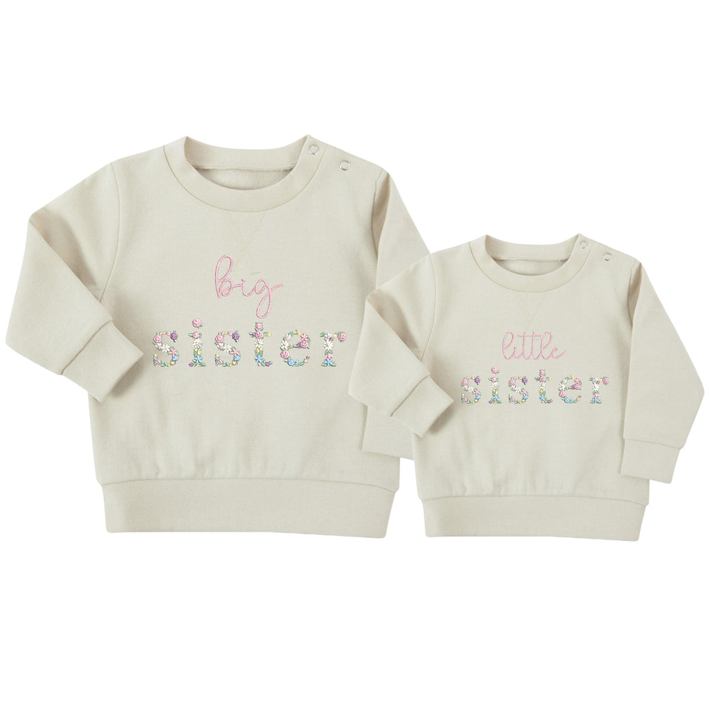 Embroidered Floral Big & Little Sister Girls Sustainable Sweatshirts Baby and Toddler Pink Matching New Siblings