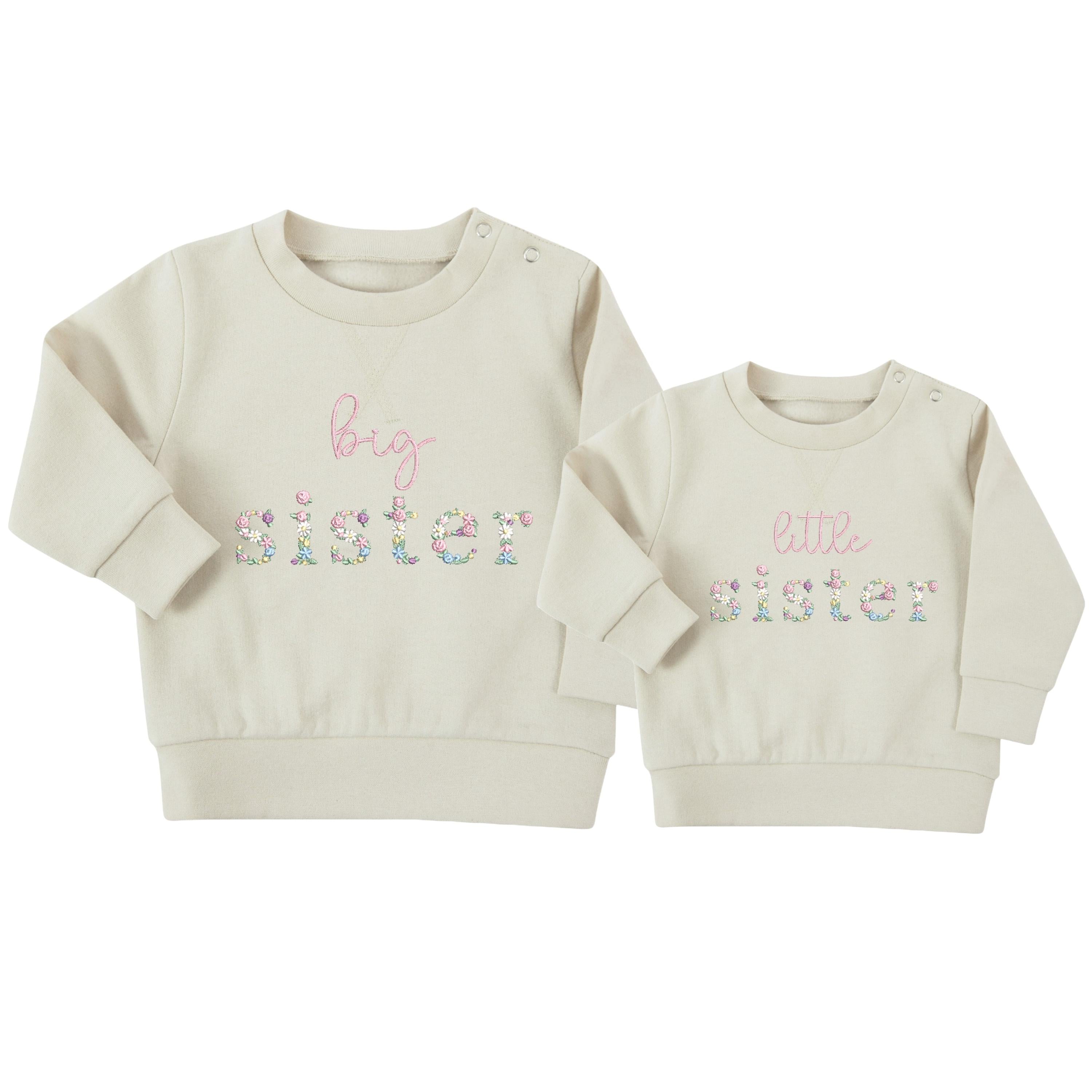 Embroidered Floral Big & Little Sister Girls Sustainable Sweatshirts Baby and Toddler Pink Matching New Siblings
