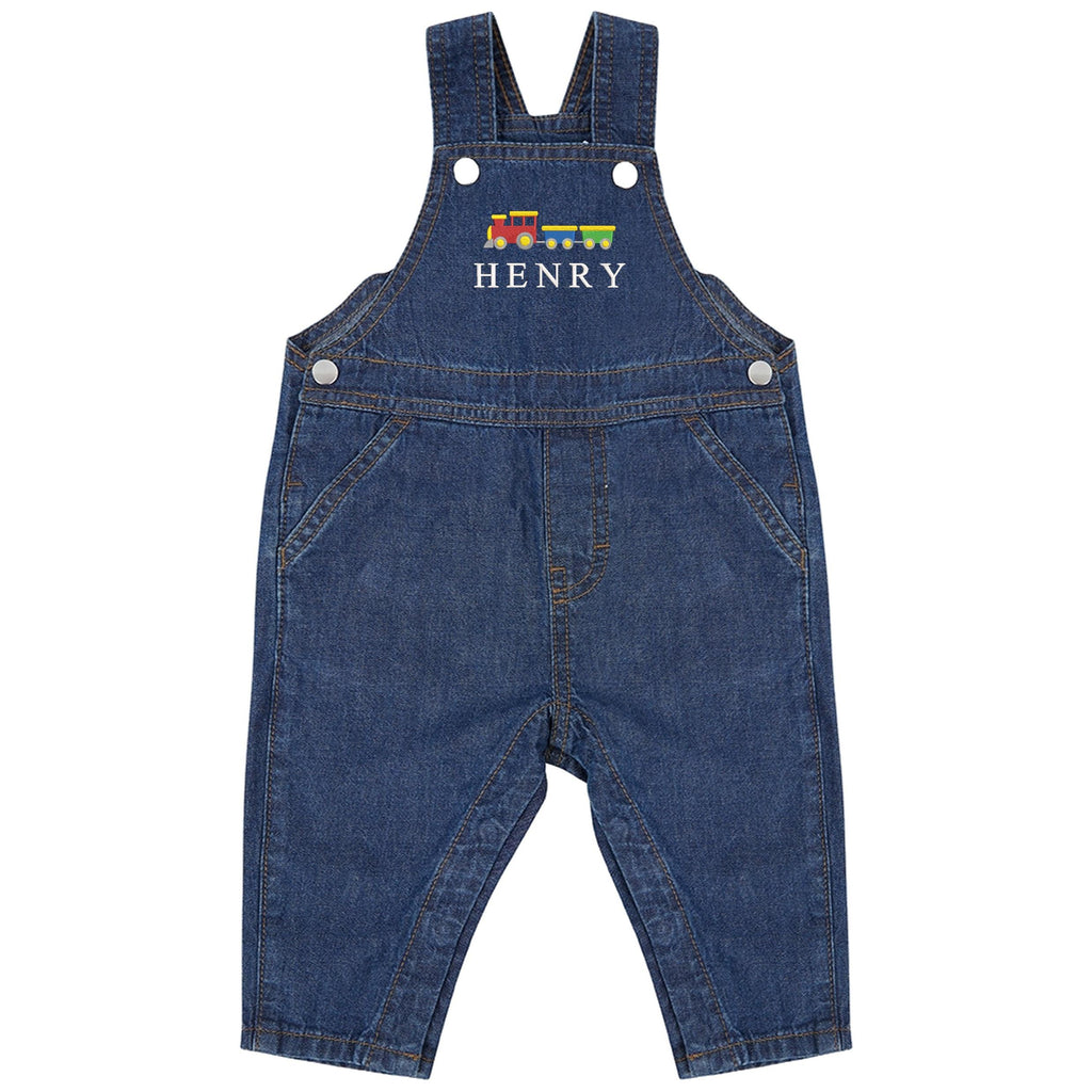 Embroidered Train Personalised Name Baby & Toddler Cotton Denim Dungarees Custom Text Boys Gift