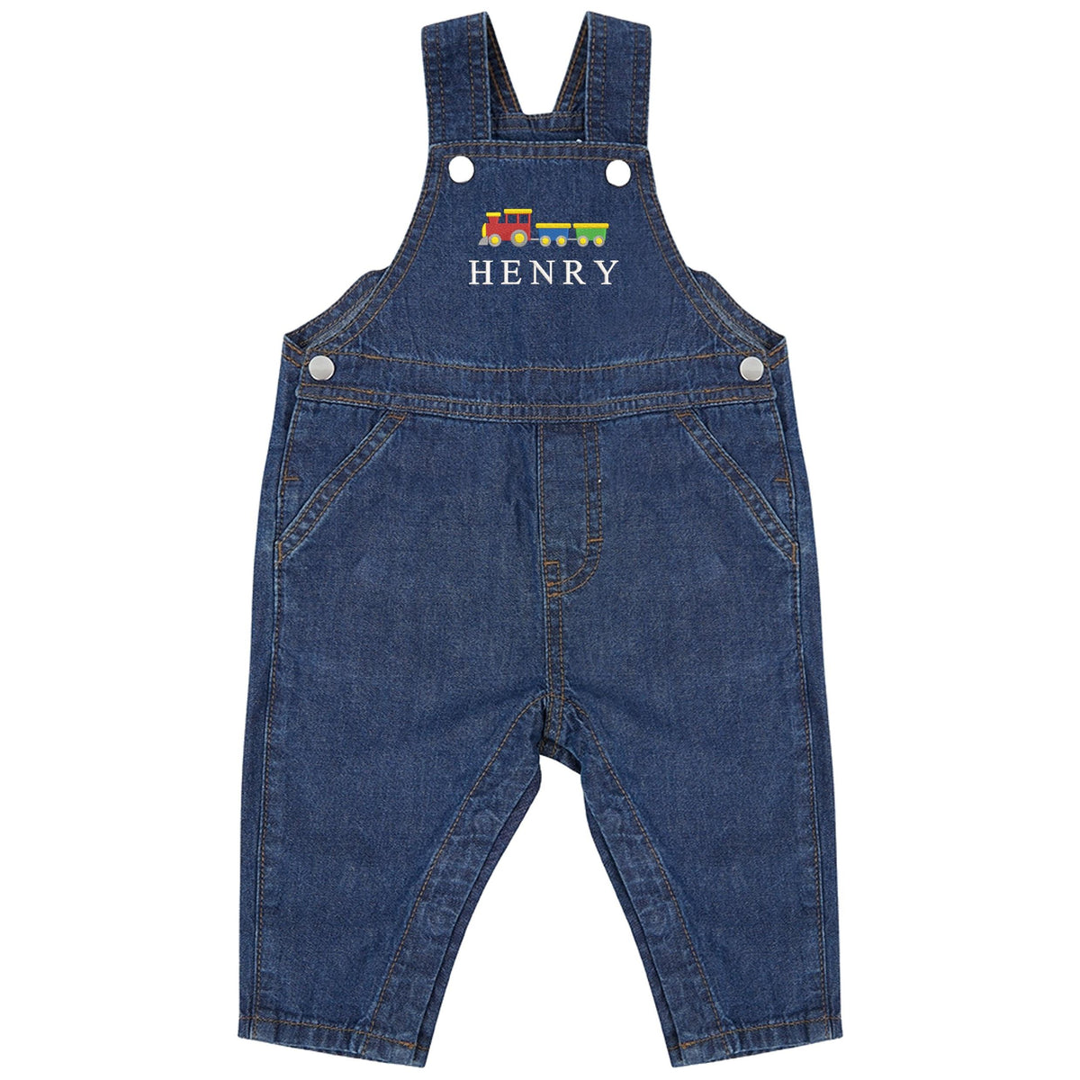 Embroidered Train Personalised Name Baby & Toddler Cotton Denim Dungarees Custom Text Boys Gift