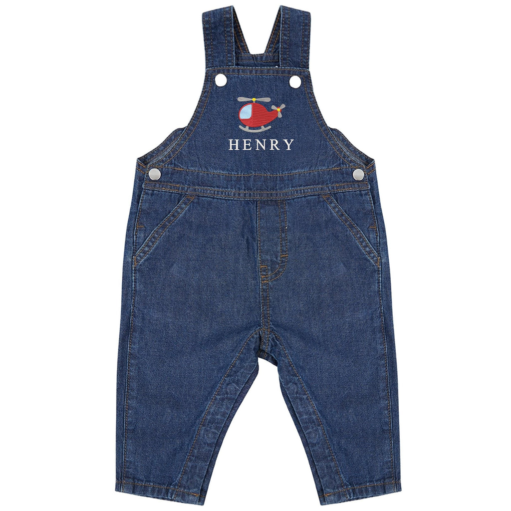 Embroidered Helicopter Personalised Name Baby & Toddler Cotton Denim Dungarees Custom Text Boys Gift