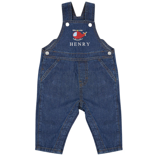 Embroidered Helicopter Personalised Name Baby & Toddler Cotton Denim Dungarees Custom Text Boys Gift