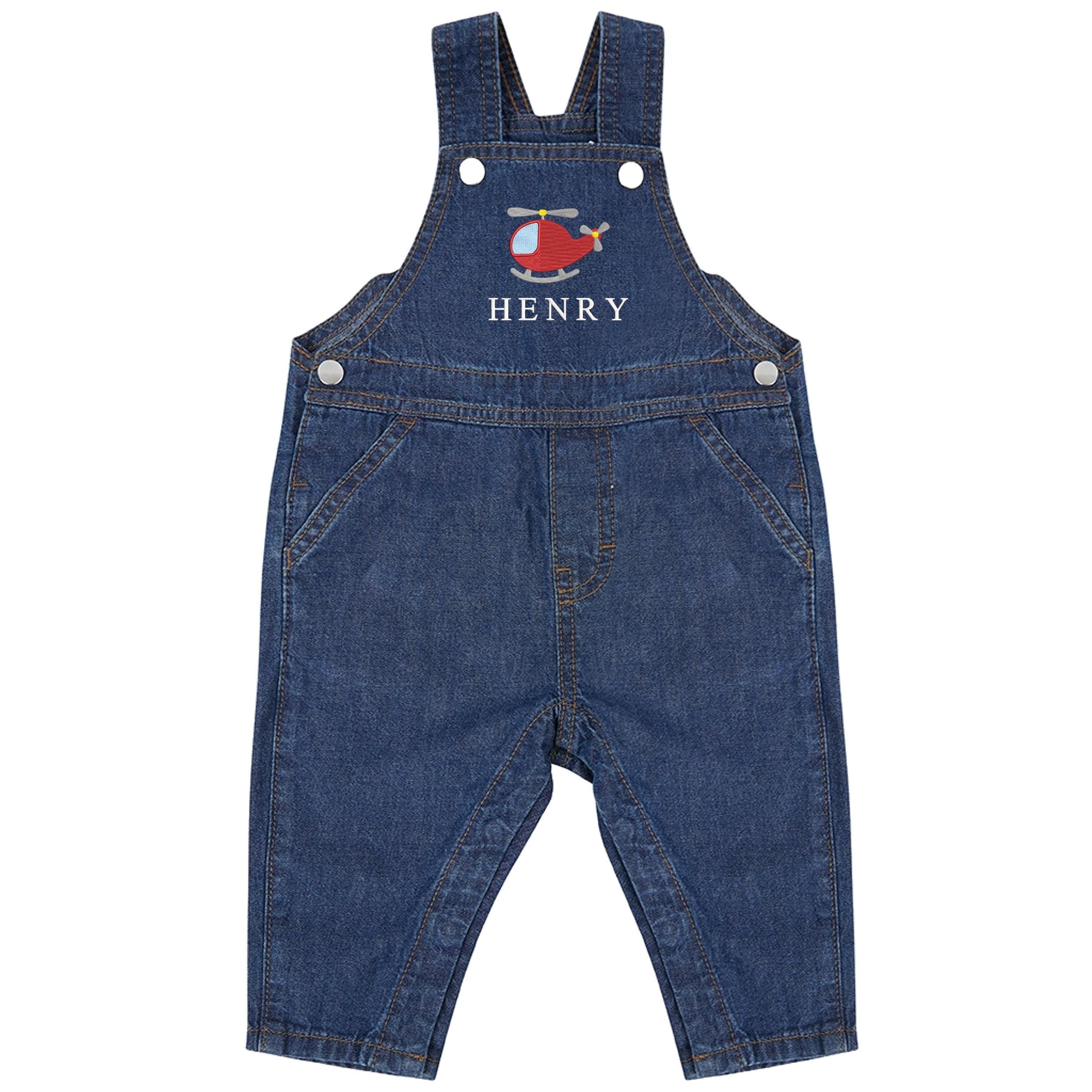 Embroidered Helicopter Personalised Name Baby & Toddler Cotton Denim Dungarees Custom Text Boys Gift