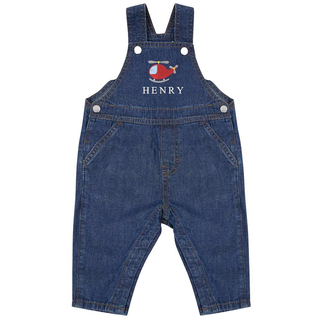 Embroidered Helicopter Personalised Name Baby & Toddler Cotton Denim Dungarees Custom Text Boys Gift