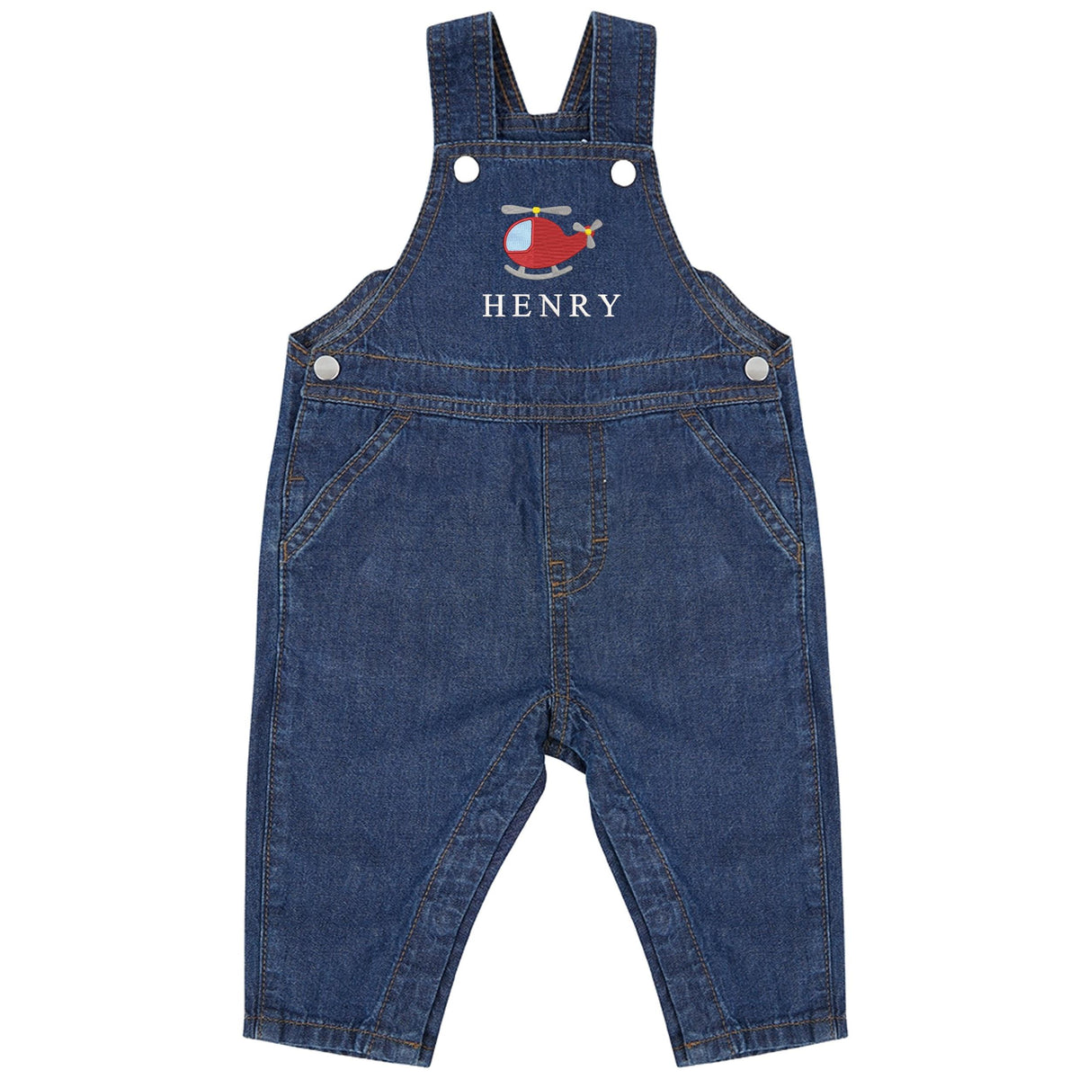 Embroidered Helicopter Personalised Name Baby & Toddler Cotton Denim Dungarees Custom Text Boys Gift