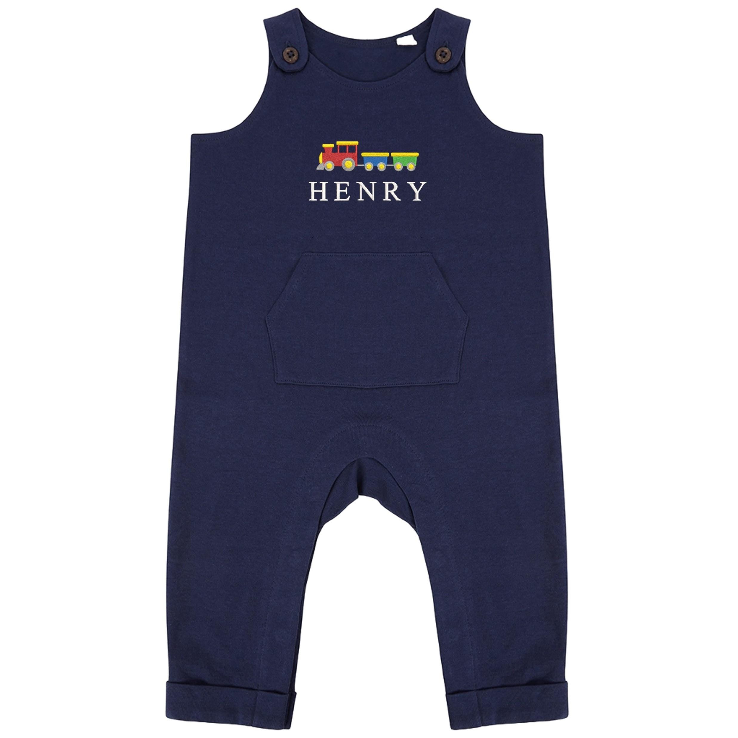 Embroidered Train Personalised Name Baby & Toddler Organic Cotton Dungarees Custom Text Boys Gift