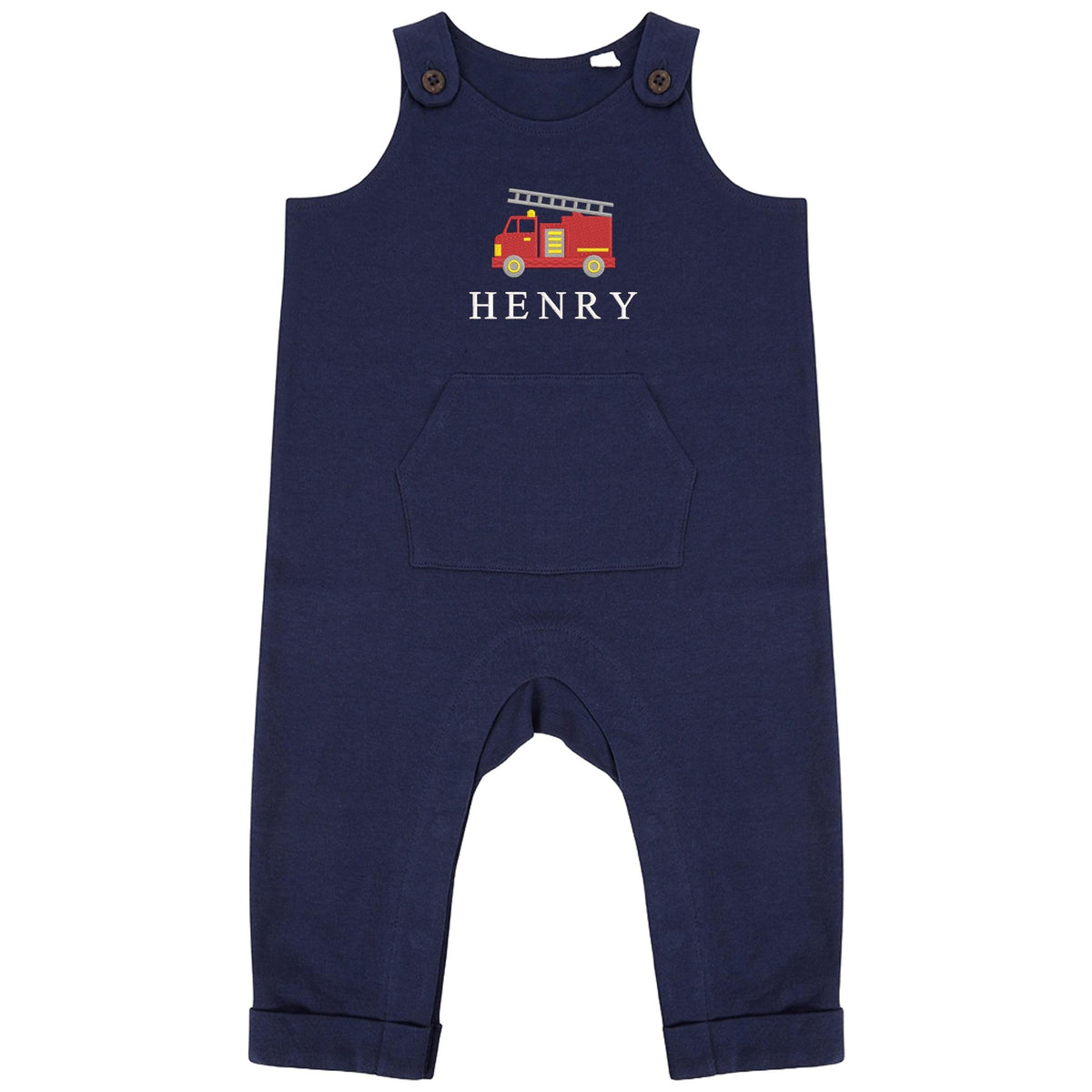 Embroidered Fire Engine Truck Personalised Name Baby & Toddler Organic Cotton Dungarees Custom Text Boys Gift
