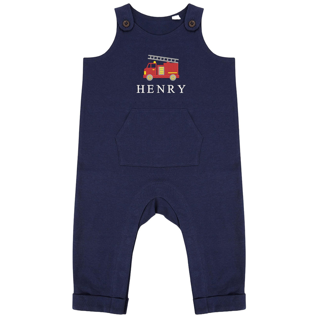 Embroidered Fire Engine Truck Personalised Name Baby & Toddler Organic Cotton Dungarees Custom Text Boys Gift