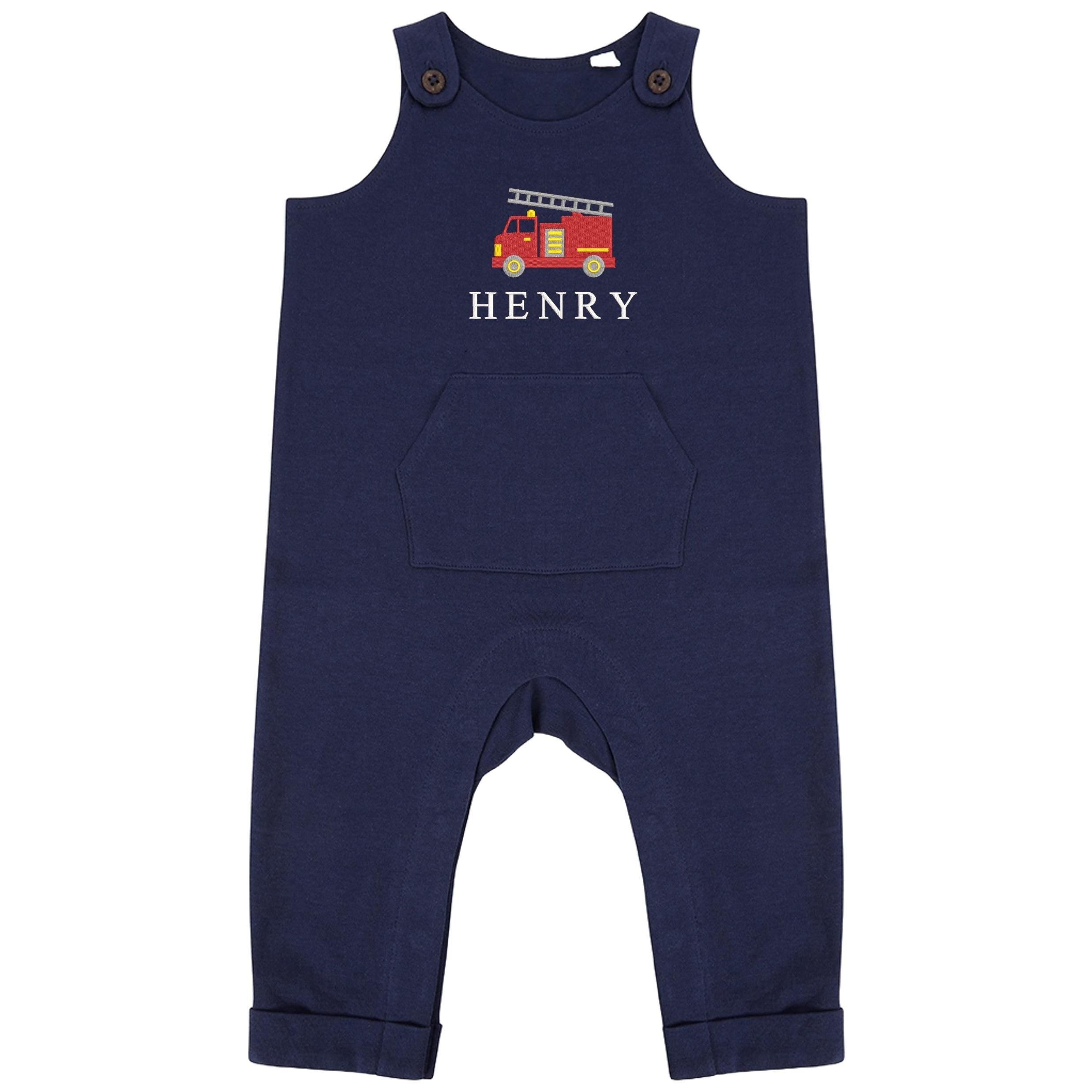 Embroidered Fire Engine Truck Personalised Name Baby & Toddler Organic Cotton Dungarees Custom Text Boys Gift
