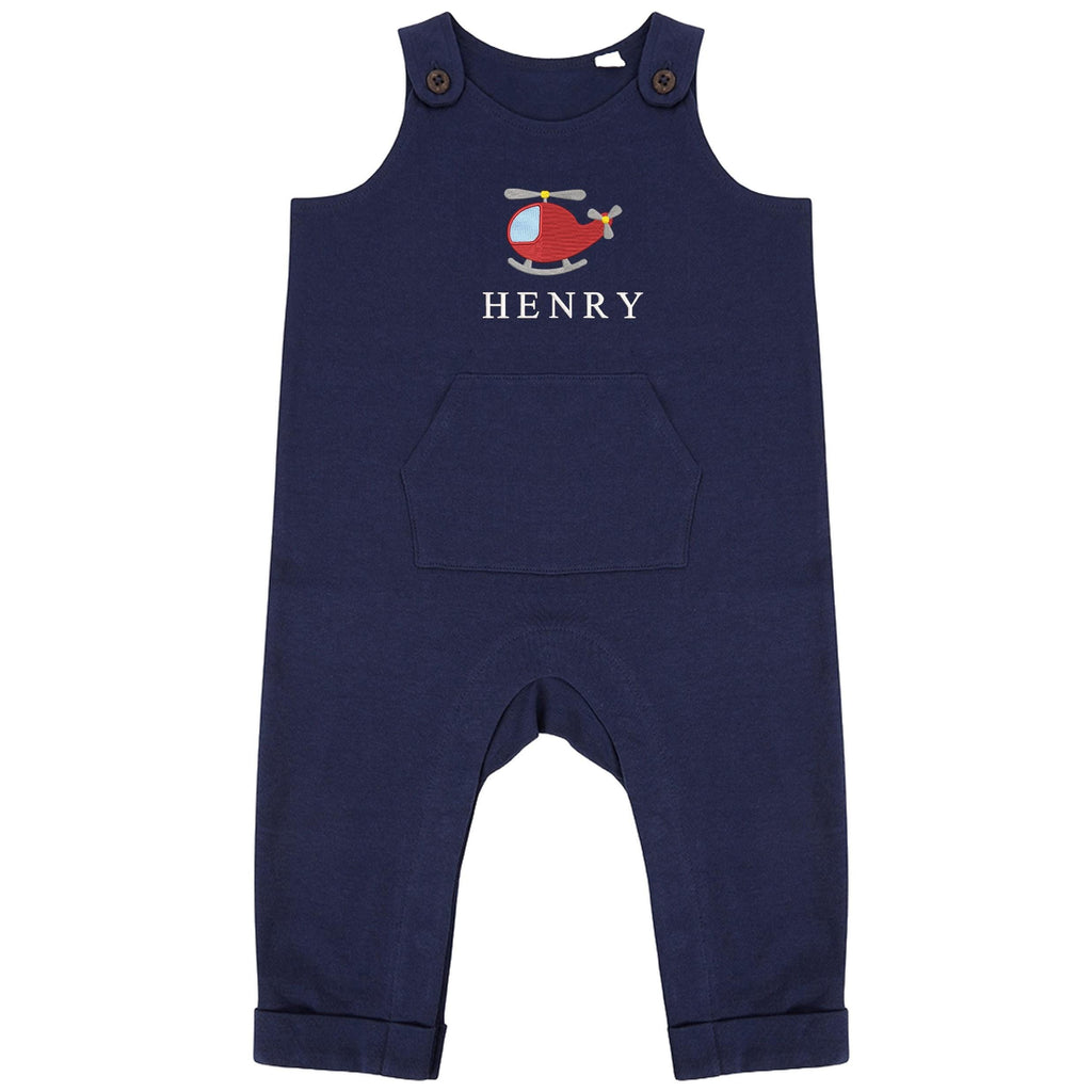 Embroidered Helicopter Personalised Name Baby & Toddler Organic Cotton Dungarees Custom Text Boys Gift