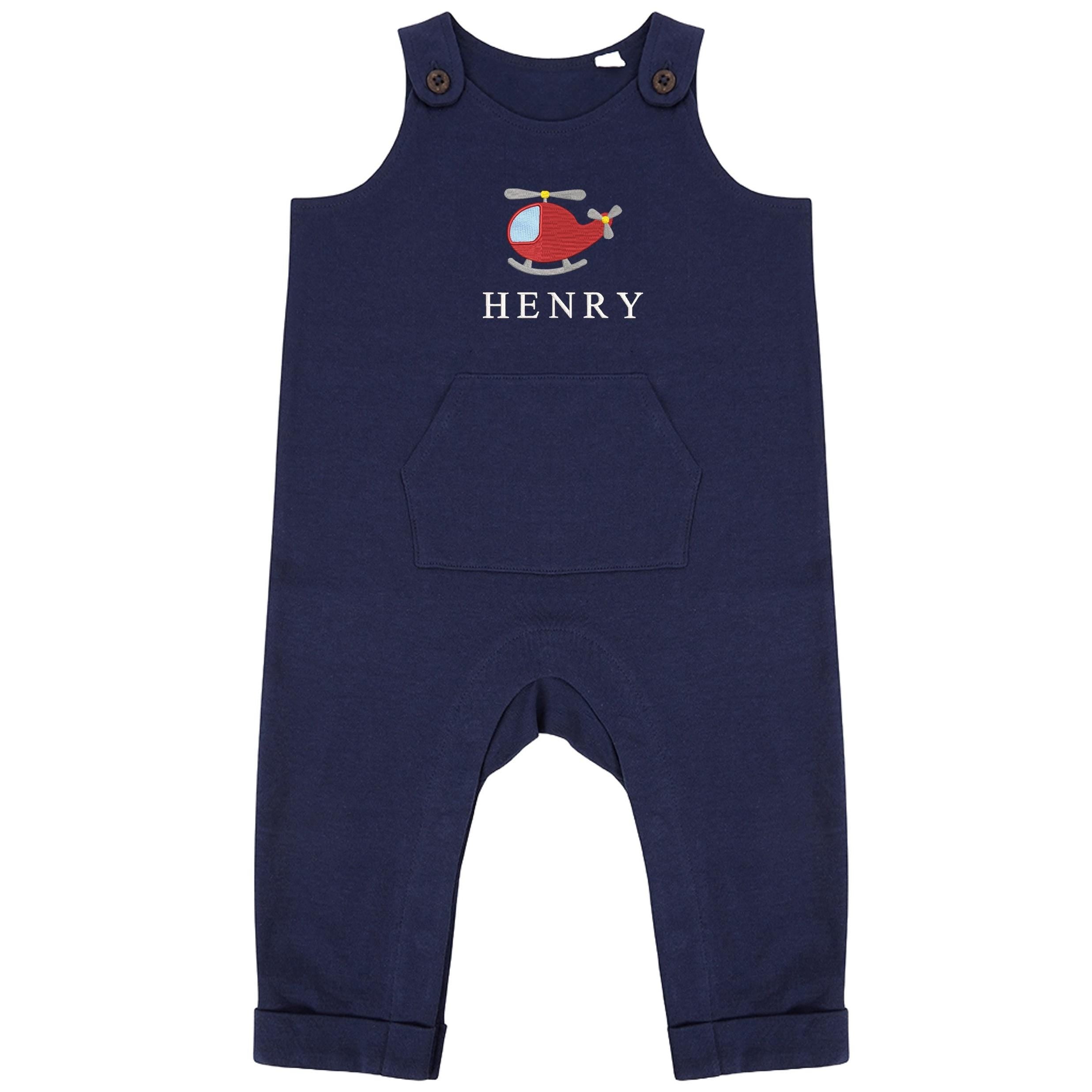 Embroidered Helicopter Personalised Name Baby & Toddler Organic Cotton Dungarees Custom Text Boys Gift