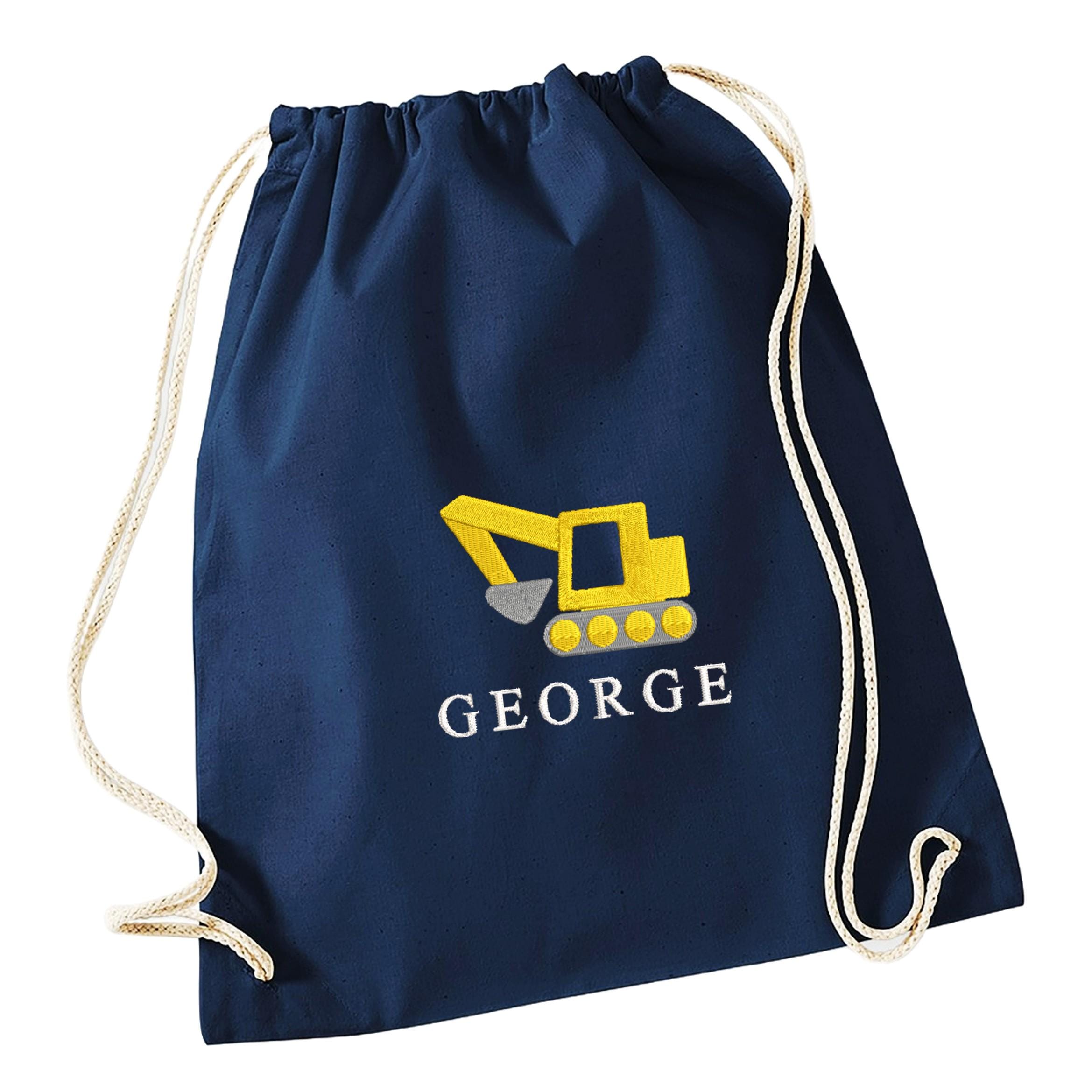 Embroidered Boys Personalised Name Digger Cotton Gymsac Custom Text School PE Bag Nursery Bag