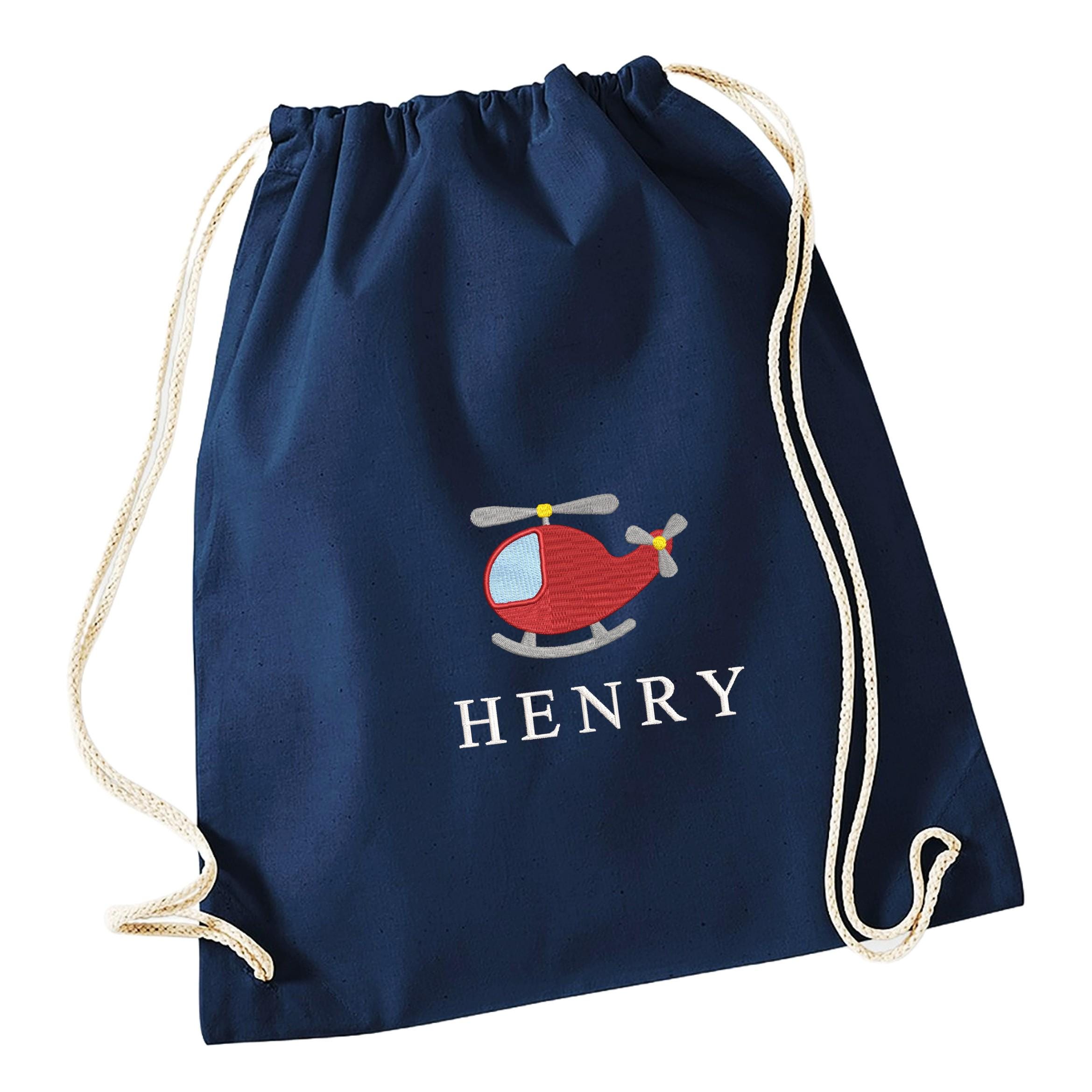Embroidered Helicopter Boys Personalised Name Cotton Gymsac Custom Text School PE Bag Nursery Bag