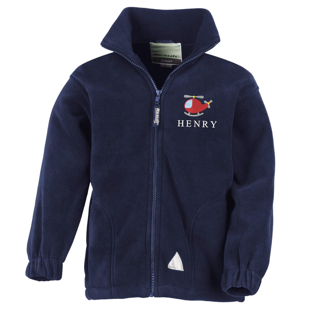 Embroidered Helicopter Personalised Name Boys Fleece Jacket Navy Kids Custom Text Coat
