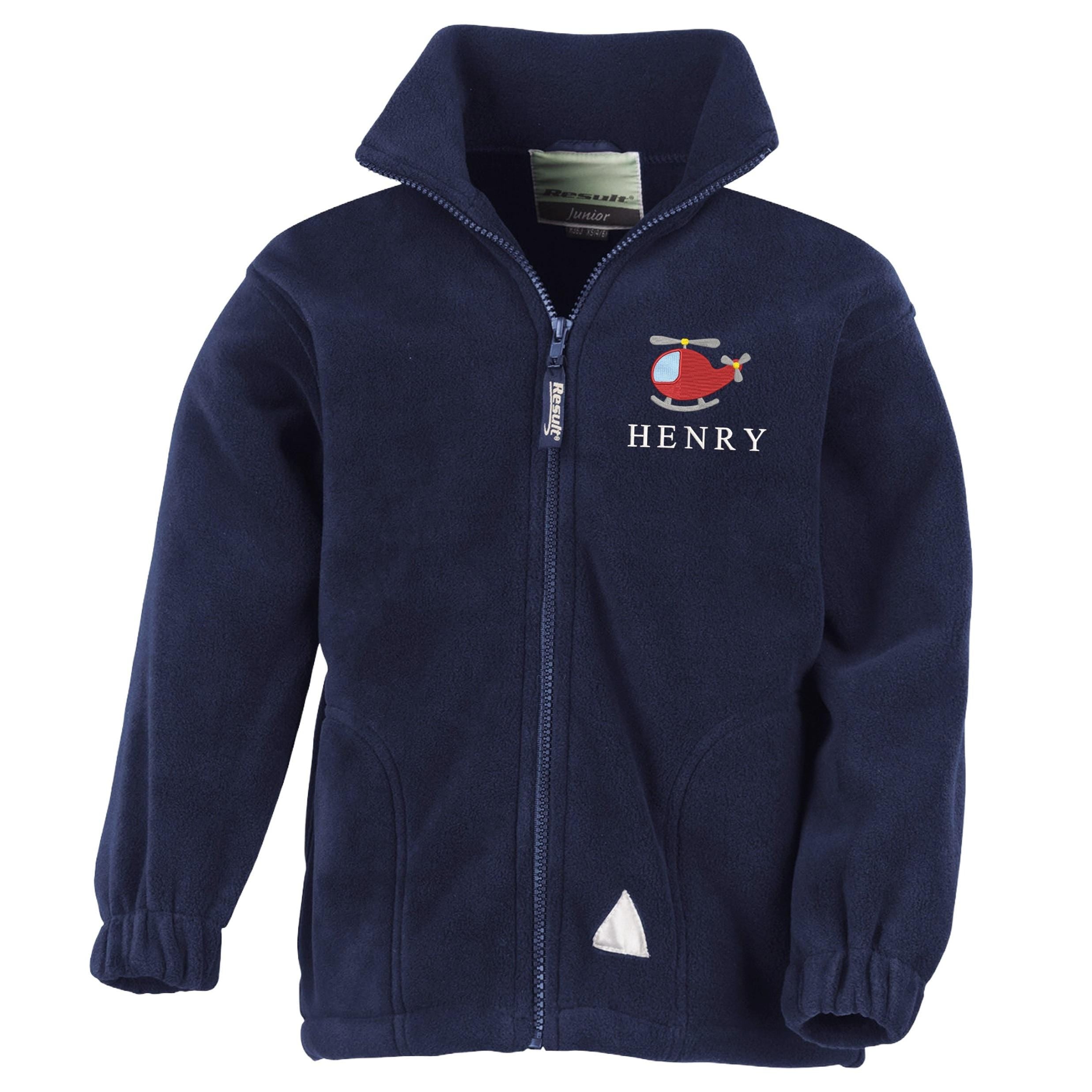 Embroidered Helicopter Personalised Name Boys Fleece Jacket Navy Kids Custom Text Coat
