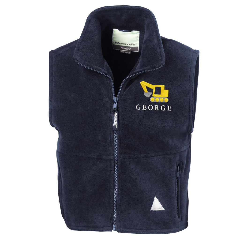 Embroidered Digger Personalised Name Boys Fleece Bodywarmer Navy Kids Custom Text Jacket Builder Coat