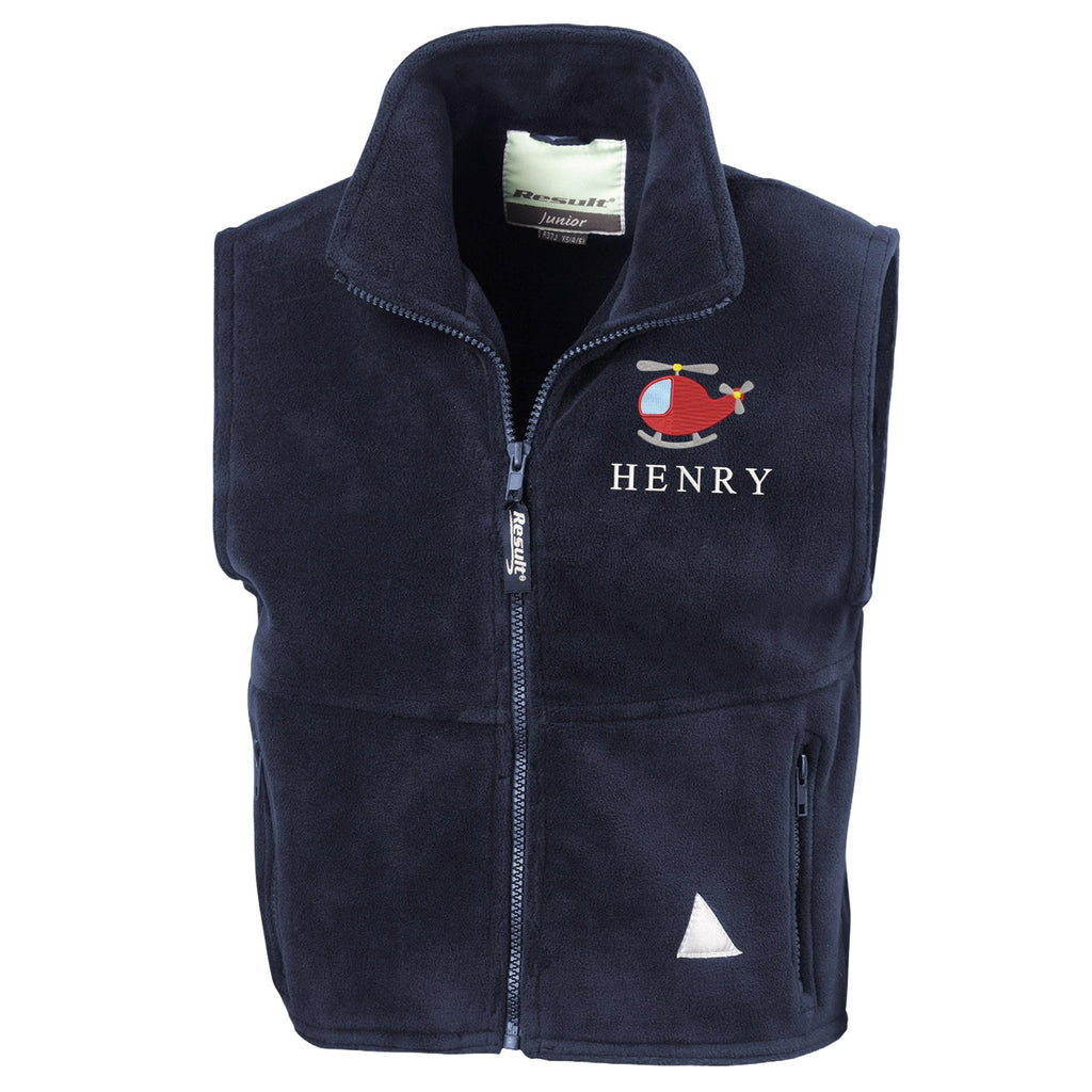 Embroidered Helicopter Personalised Name Boys Fleece Bodywarmer Navy Kids Custom Text Jacket Coat