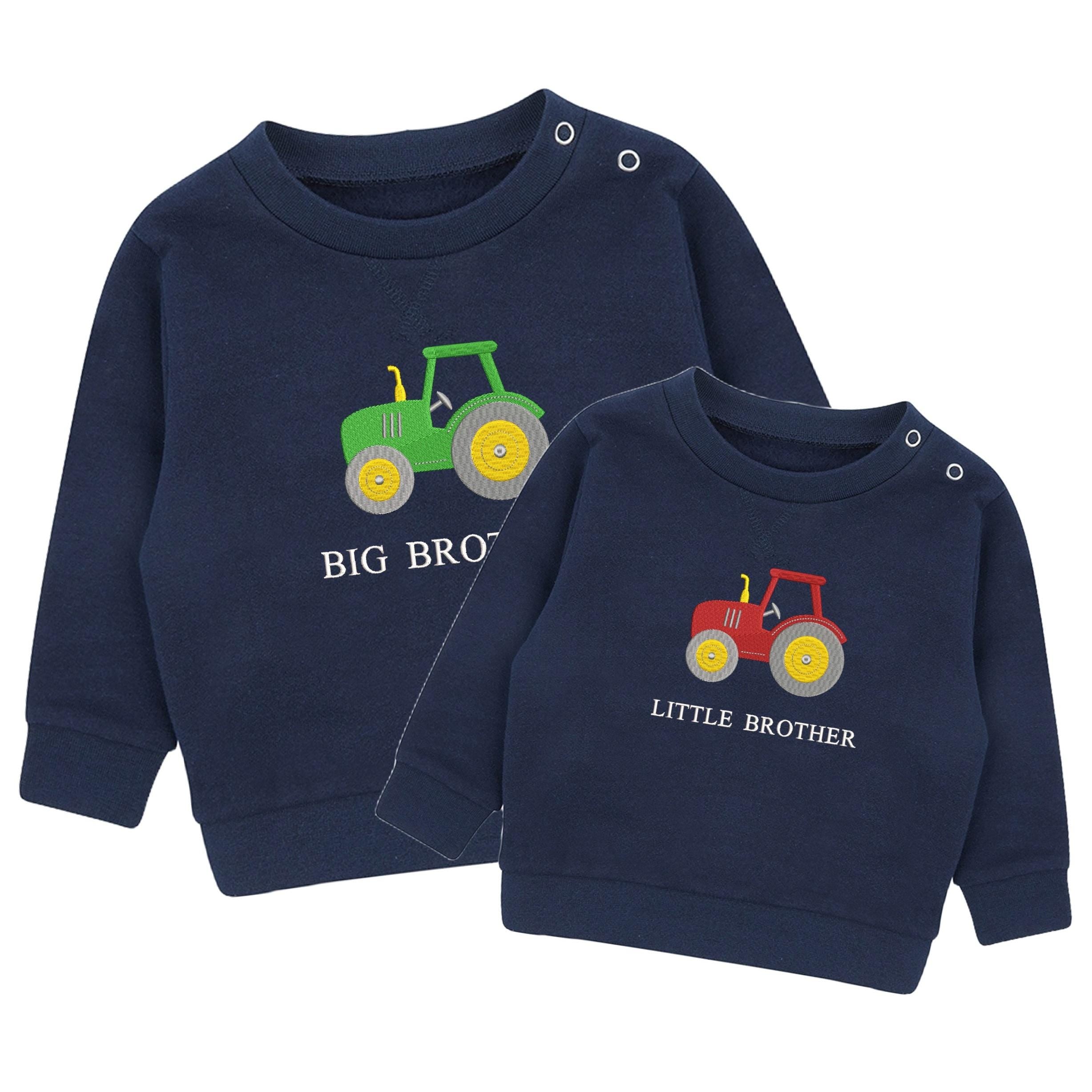Embroidered Tractor Big & Little Brother Boys Sustainable Sweatshirts Navy Toddler Kids New Matching Siblings