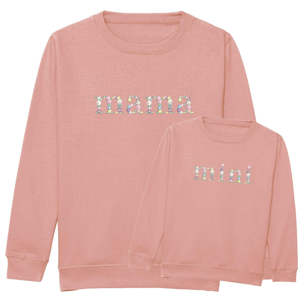 Embroidered Mama & Mini Floral Sweatshirts Pink Matching Mummy Daughter Twinning Outfits