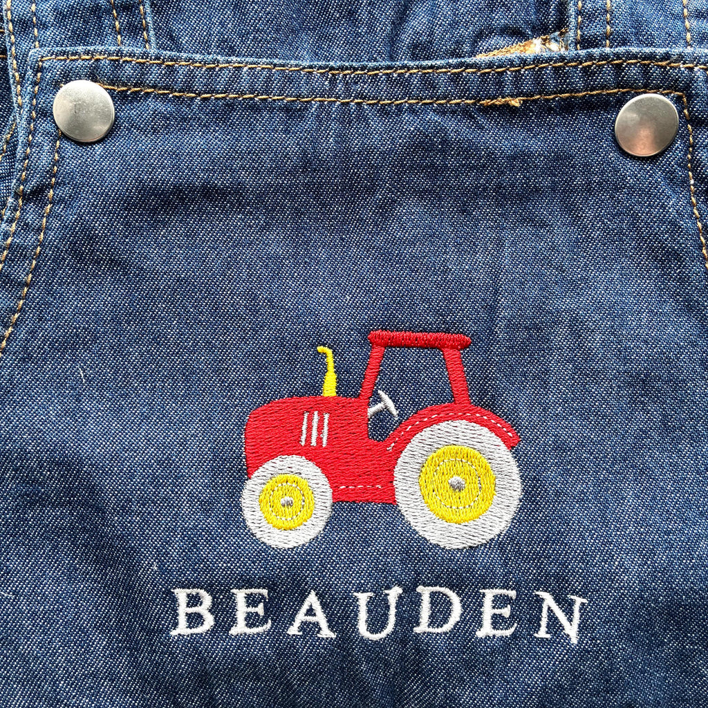 Embroidered Personalised Name Baby & Toddler Cotton Denim Dungarees Custom Text Farm Tractor Boys Gift